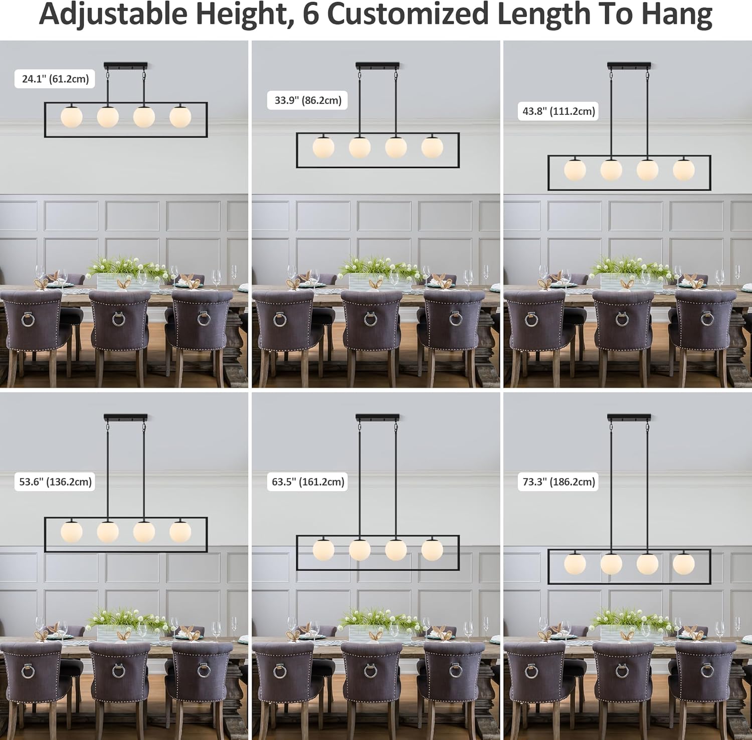 4-Light Farmhouse Kitchen Island Lighting, 44.5" Dining Room Light fixtures Over Table, Milk Glass Globe Linear Chandeliers for Dining Room Over Island, Black Vintage Chandelier for Living Room