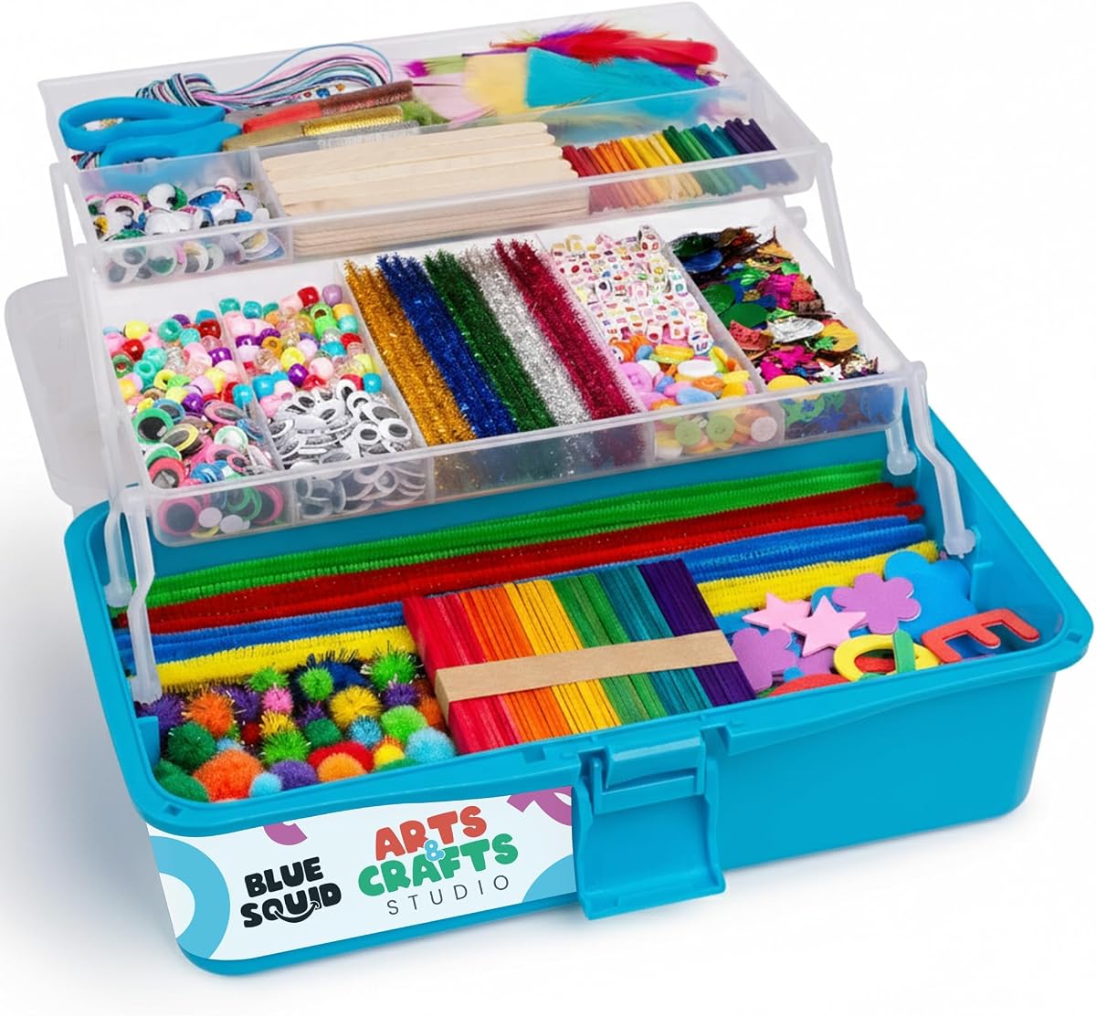 Blue Squid Arts & Crafts Box (Blue)- 2800+ pcs Deluxe Craft Supplies Box, 2 Drawers, 18 Compartments, Sturdy Handle - Art Crafting Kit Birthday Gifts for Kids, School Supply for Ages 4-12
