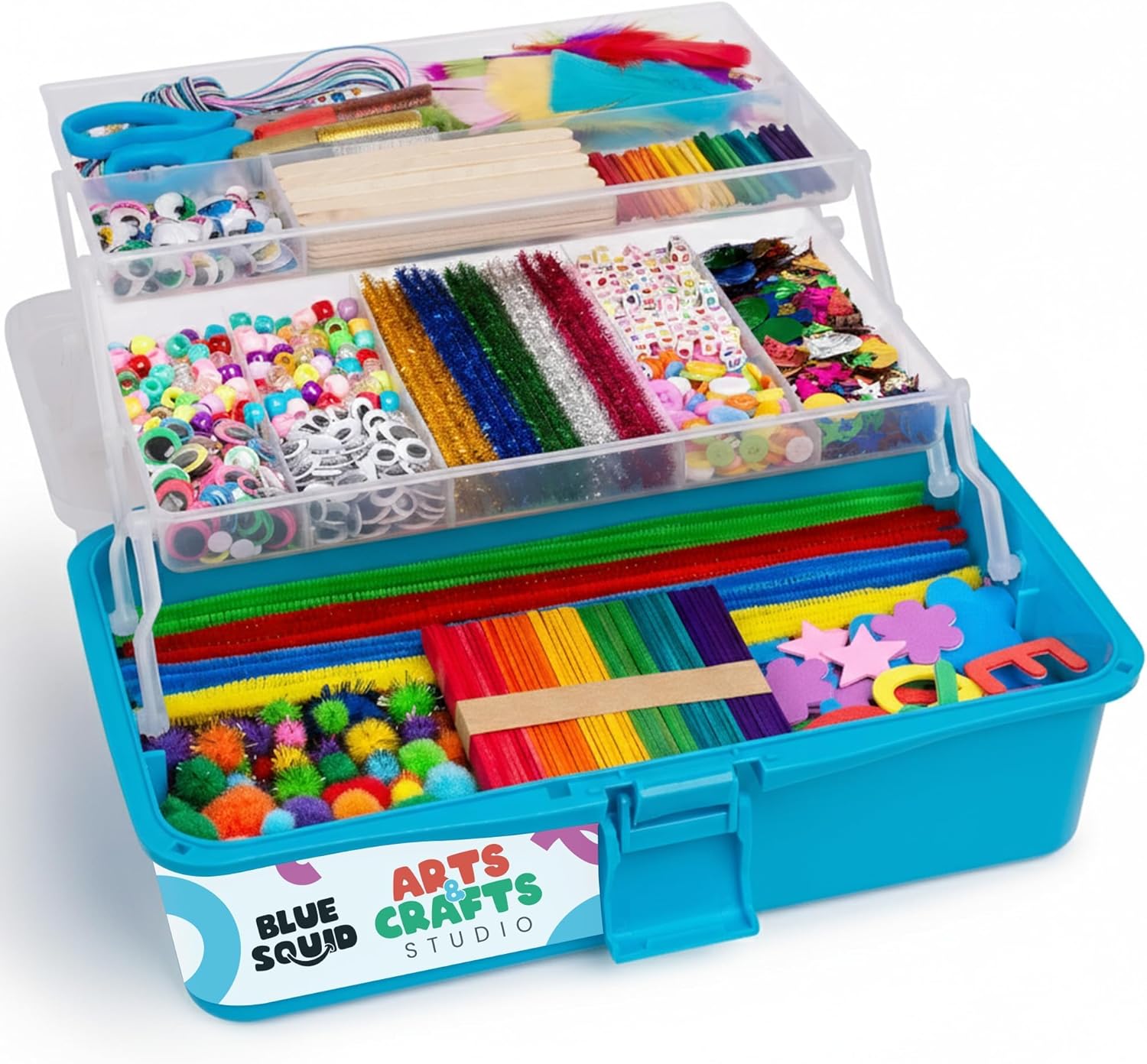 Blue Squid Arts & Crafts Box (Blue)- 2800+ pcs Deluxe Craft Supplies Box, 2 Drawers, 18 Compartments, Sturdy Handle - Art Crafting Kit Birthday Gifts for Kids, School Supply for Ages 4-12