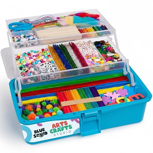 Blue Squid Arts & Crafts Box (Blue)- 2800+ pcs Deluxe Craft Supplies Box, 2 Drawers, 18 Compartments, Sturdy Handle - Art Crafting Kit Birthday Gifts for Kids, School Supply for Ages 4-12