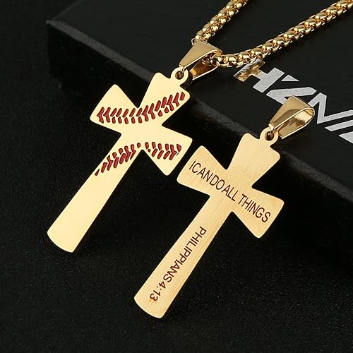 Miniatura 2 de HZMAN Collar con colgante de cruz de béisbol, con el texto bíblico en inglés "I can do all things", versículo de fortaleza, de acero inoxidable