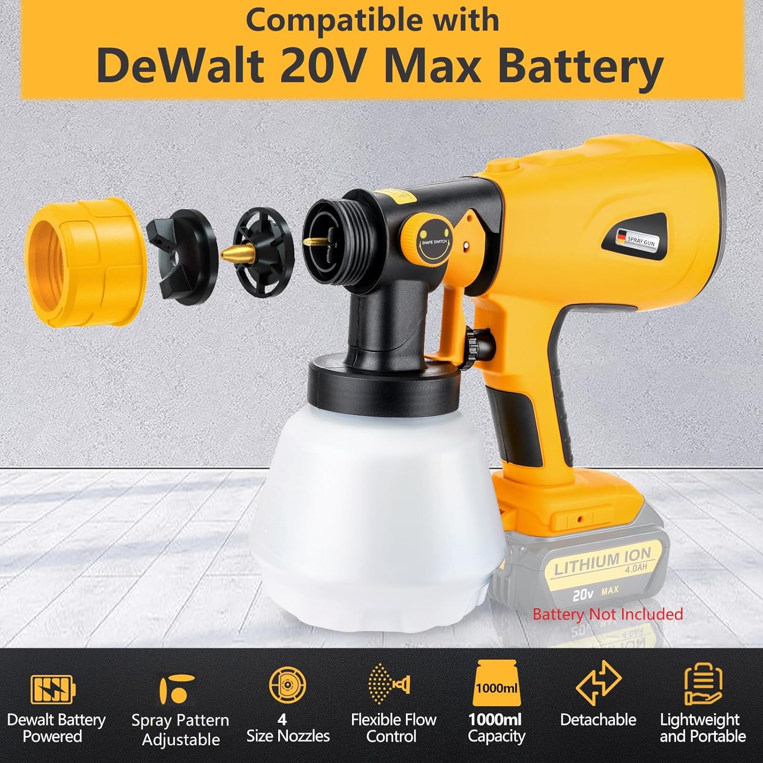 Cordless Paint Sprayer Compatible with DeWalt 20V MAX Battery 1000ml Capacity HVLP Spray Paint Gun 3 Patterns and 4 Nozzles for Wall Fence Furniture House Painting(Battery Not Included)