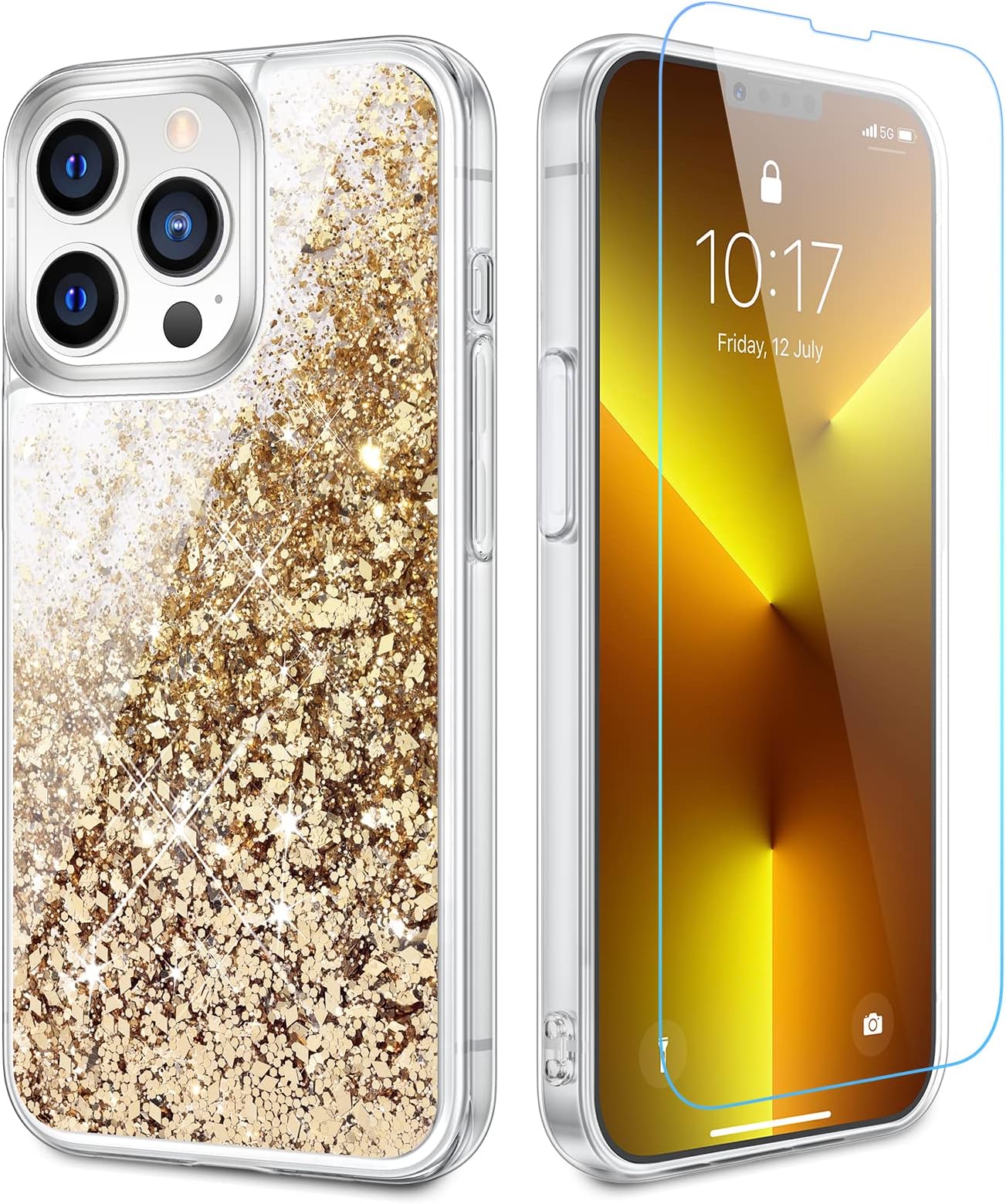 Caka Case Compatible for iPhone 13 Pro Max, iPhone 13 Pro Max Glitter Case for Women Girls Bling Sparkle Liquid Flowing Quicksand Clear TPU Phone Case for iPhone 13 Pro Max (6.7 inches) (Gold)