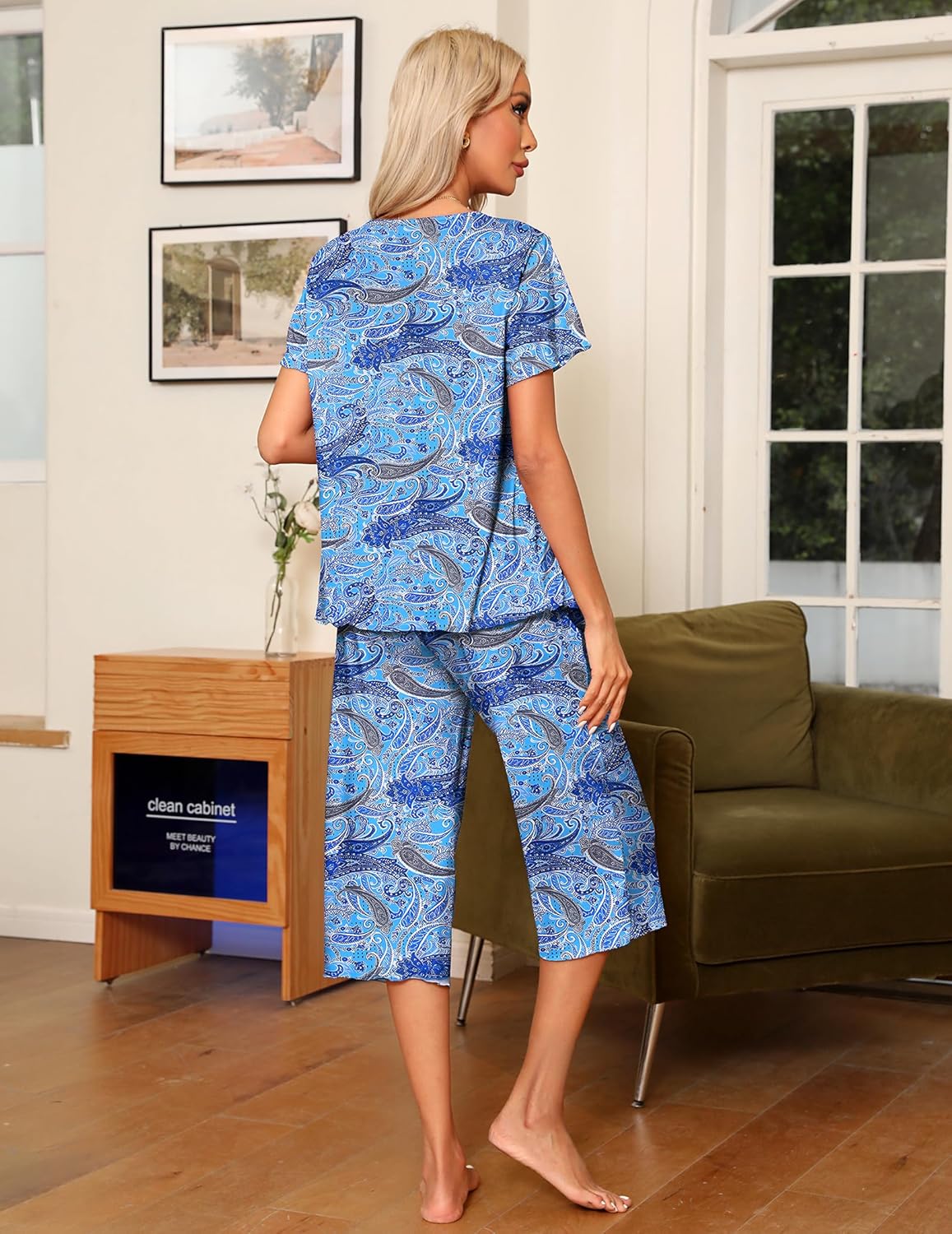 Ekouaer Pajama Set for Women 2 Piece Capri Pants Short Sleeve Top Sleepwear Soft Pjs Loungewear with Pockets S-3XL - Image 4