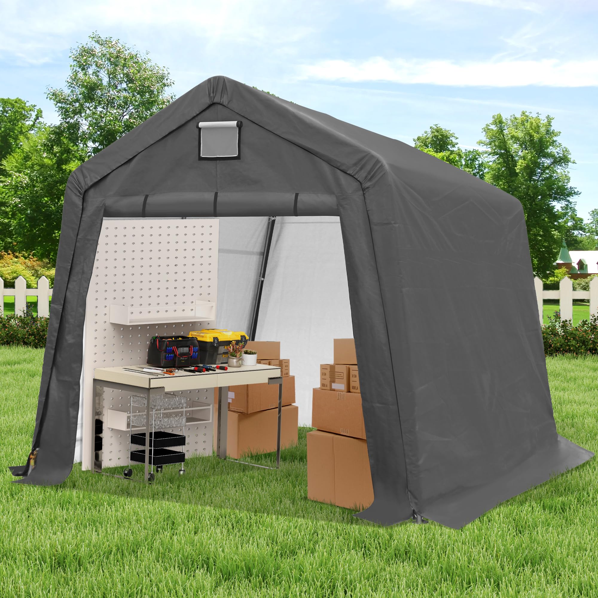 COVERONICS 10' x 10' Outdoor Storage Shed - Heavy Duty Portable Shelter Carport with Ventilation Windows and Roll-up Doors, Storage Shelter Tent for Motorcycle, Bike, Lawnmower and Garden Tools, Grey