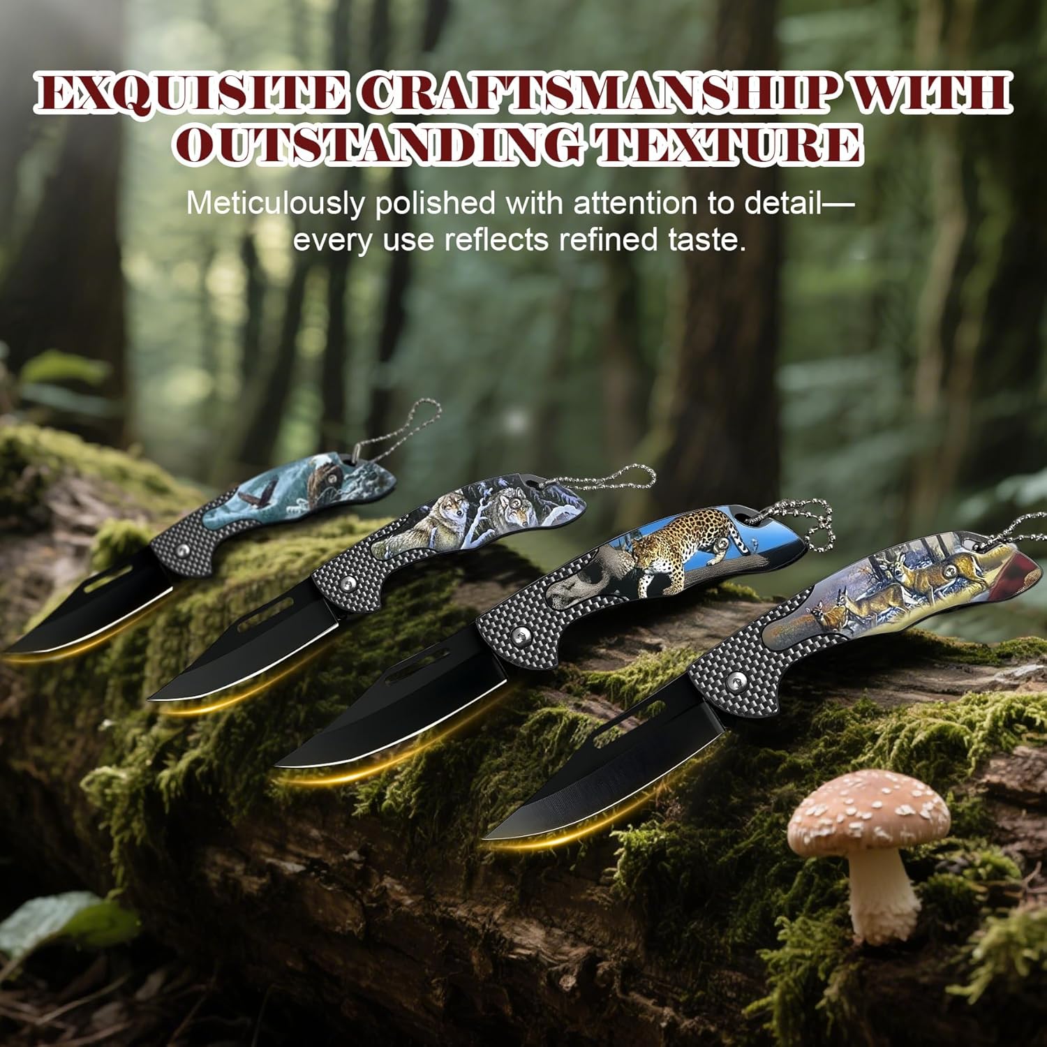 Hunting Knife Set 4-Pack – High Carbon Steel Folding Knives with Wild Animal Design – Pocket Knives for Camping, Hiking & Outdoor For Gifts