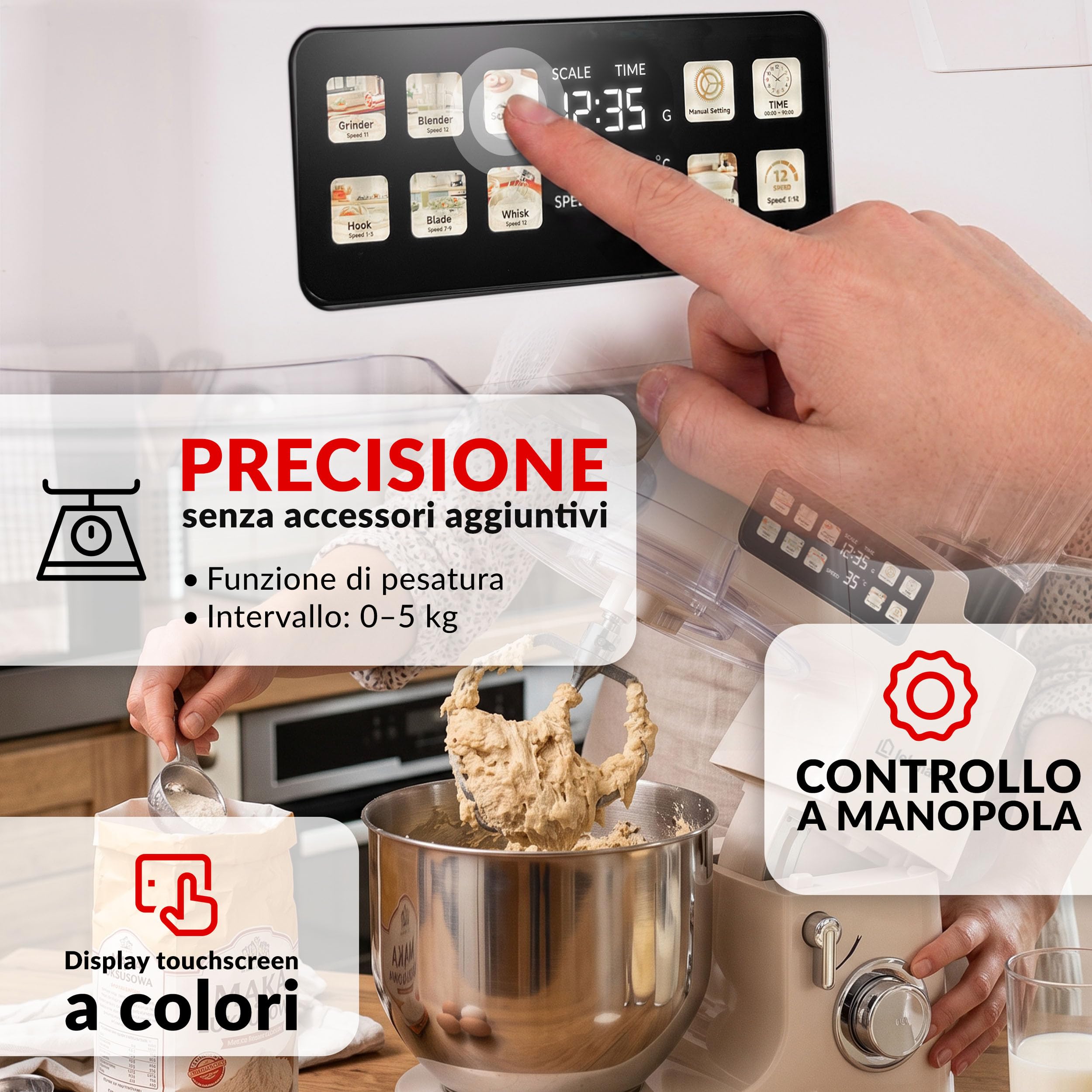 LEHMANN Teyles Impastatrice Planetaria Professionale 2100W 8L con Bilancia Integrata, Touchscreen e Ciotola Riscaldata, Blender 1,5L, Tritacarne, Planetaria per Pane e Pizza, Beige