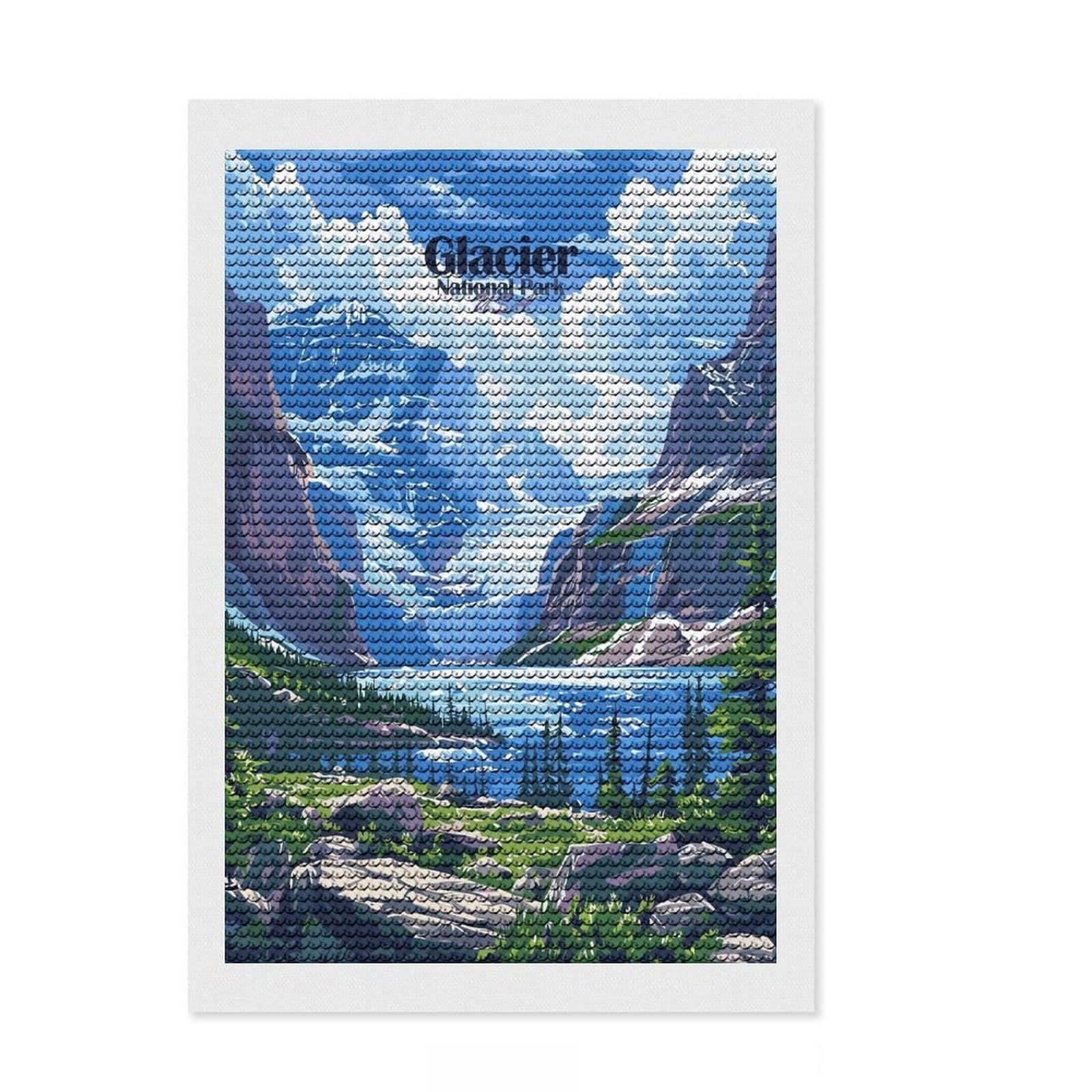 Junmoney Glacier National Park USA Landscape Art Diamond Art Canvas 8"x12", for Family Craft Time, Neat Printed Canvas, Festive Craft Gift, Boho Decor