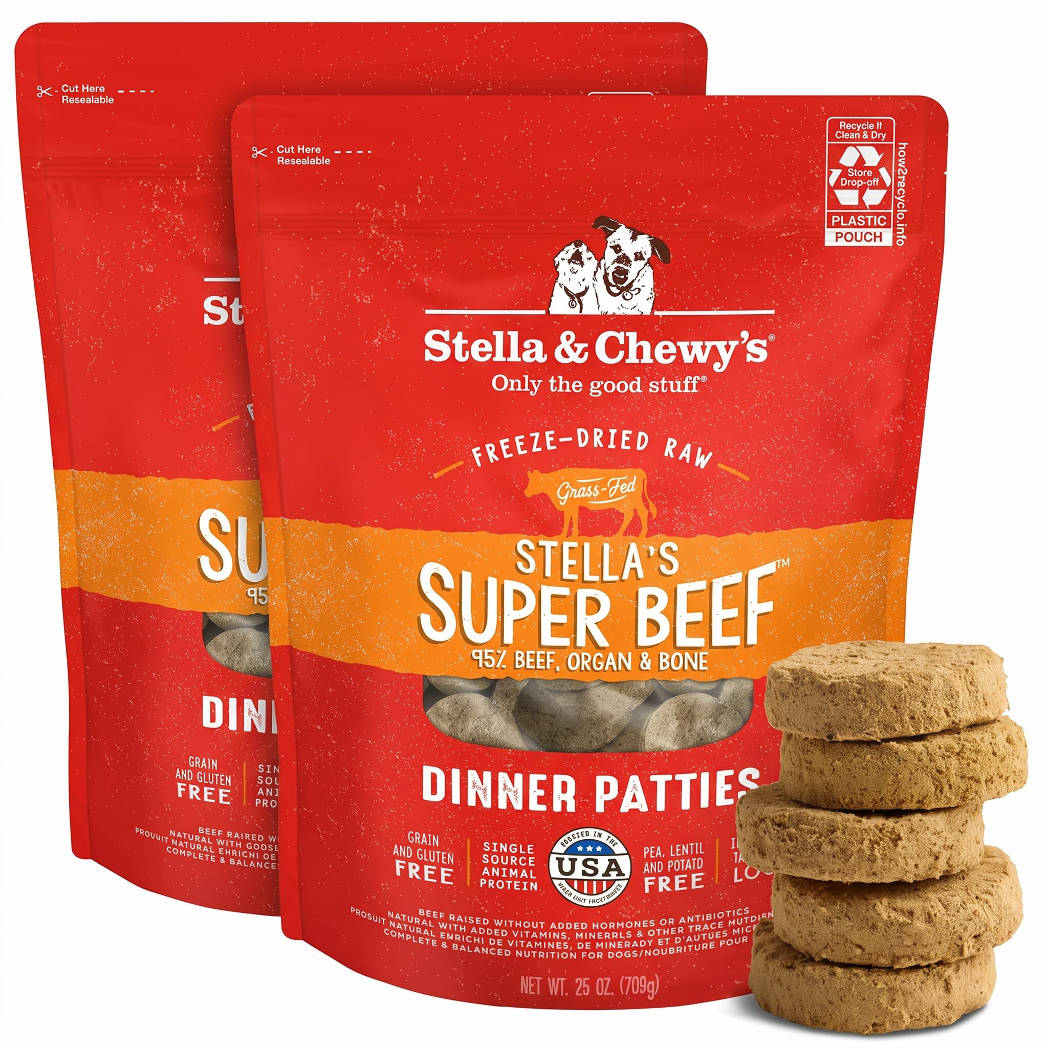 Stella &amp; Chewy's Freeze-Dried Raw Dinner Patties - Beef Recipe - High Protein Grain-Free Puppy &amp; Dog Food - Perfect for Picky Eaters - 25 oz,(Pack of 2)