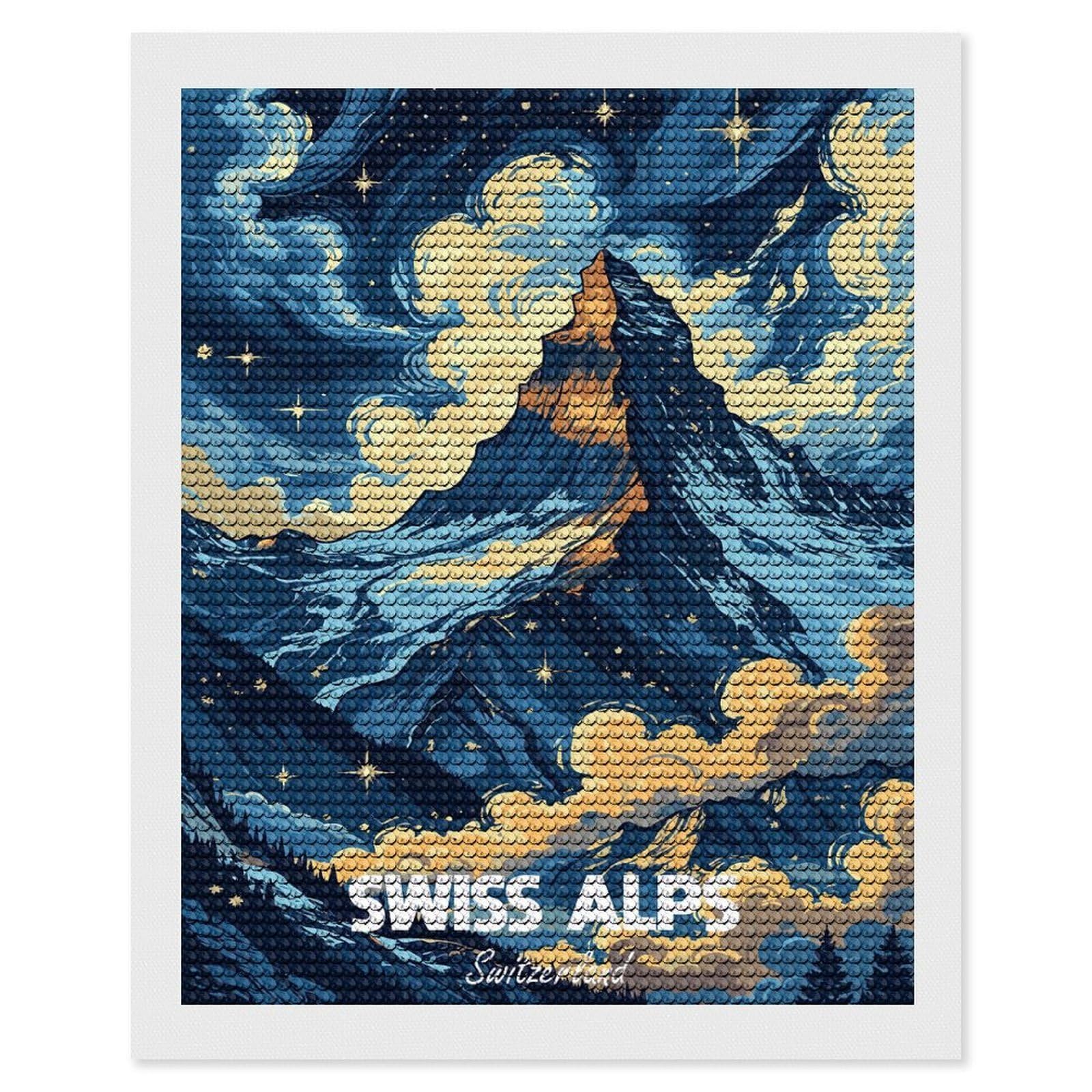 Junmoney Swiss Alps Switzerland Mountain Landscape Art DIY Diamond Art Canvas Kit 16"x20", Simple to Start, Fun Craft Experience, Modern Decor, Gift Idea, Adhesive Canvas