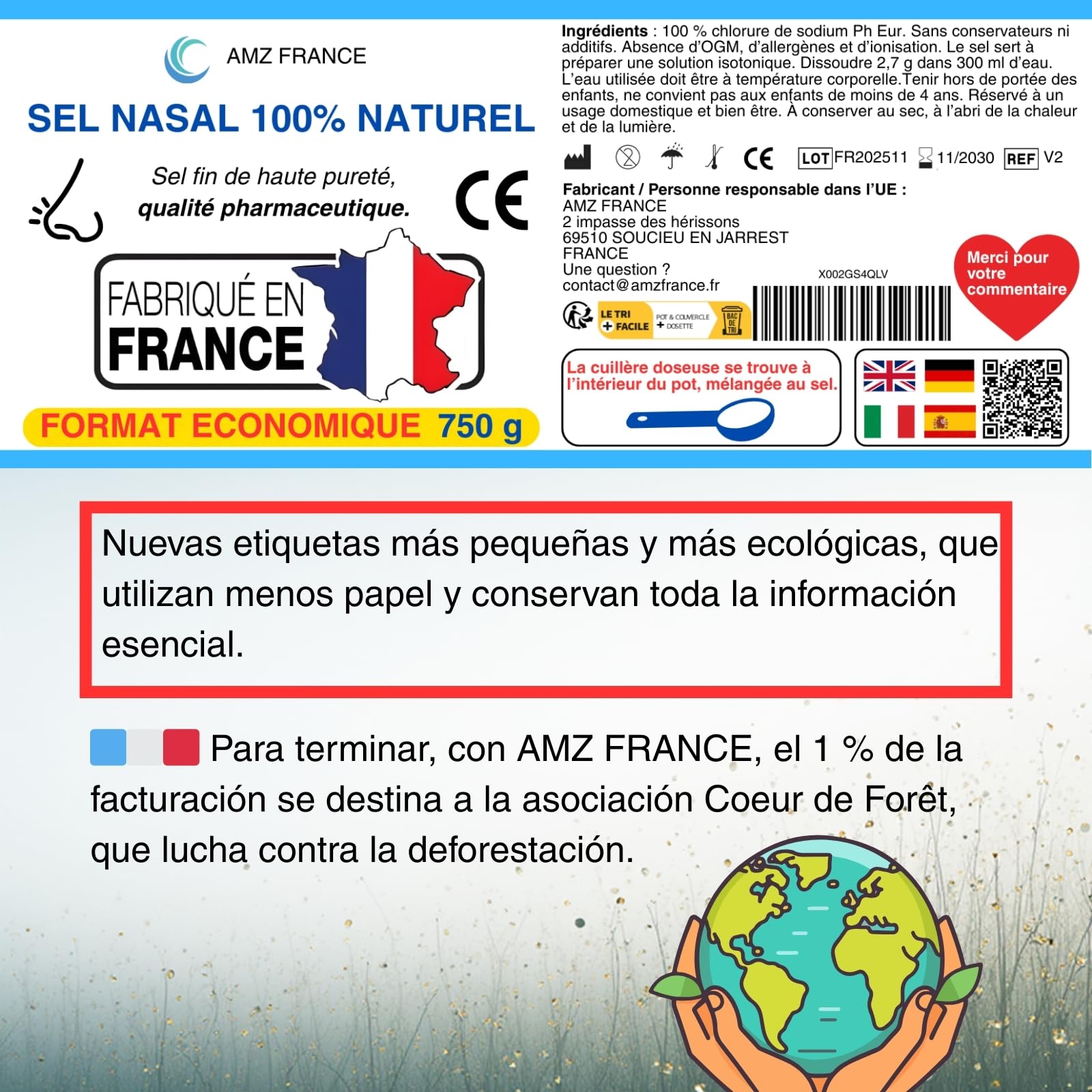 Sal Nasal 750 g, 100% Natural, Calidad Farmacéutica, Fabricado en FRANCIA | 277 Lavados Nasales (Caja XXL) - Niño Adulto - Producto de Bienestar