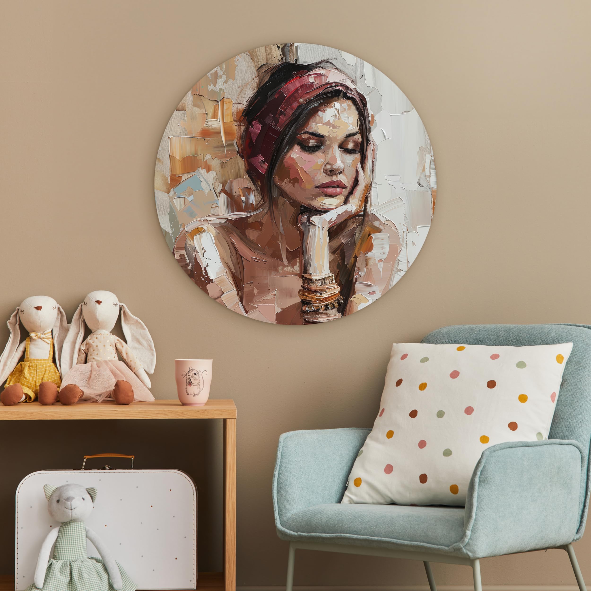 MuchoWow© Quadro Rotondo Ø60 cm Salotto Ufficio Cuadro Moderne Finestre Design Murale Bedroom Stanza Fiori Natura Soggiorni Grande Pareti Donna - Sguardo pittorico - Ritratto - Moderno