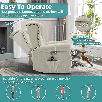 MEETWARM Power Swivel Rocking Glider Recliner Chair with Heat and Vibration, Electric Rocker Nursery Reclining Chair, Wingback Tufted Upholstered Recliner for Living Room, Type-C & USB Ports (Beige)