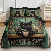 Queen Comforter Set with Sheets, 7 Pieces Black Cat Bedding