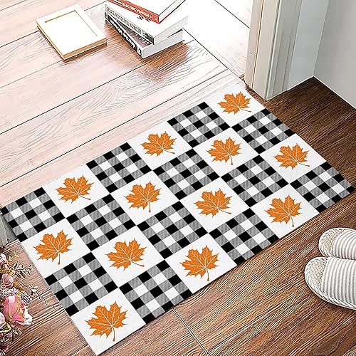 Retro Black Plaid Orange Thanksgiving Autumn Maple Leaf Bath Mat,Welcome Door Mat Bathroom Non-Slip Rug,Bathroom Decor Memory Foam Soft Rug Bath Mat