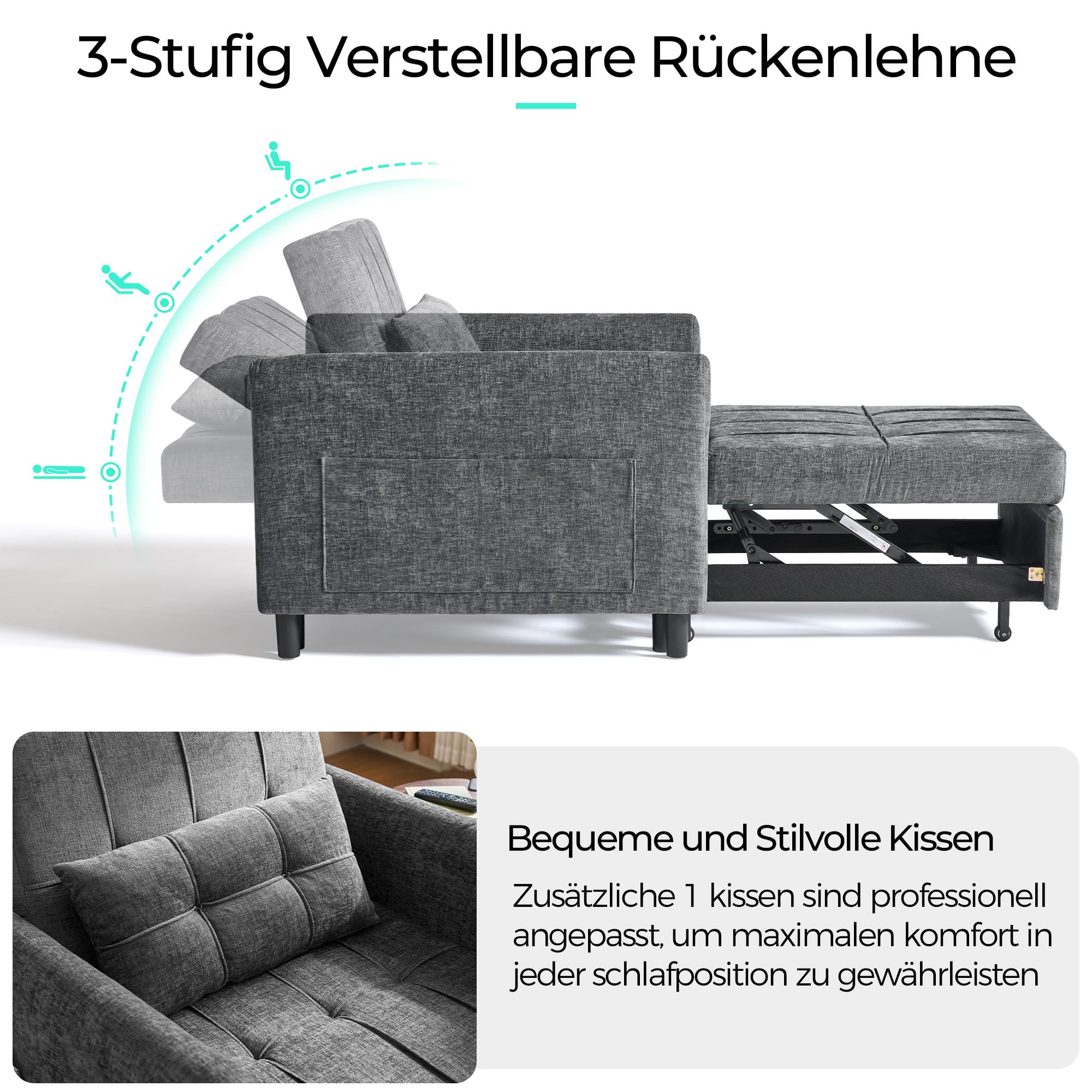 LINSY HOME 3-in-1 Schlaferstuhl, 1-Sitzer Sofa mit Schlaffunktion, Chenille Sessel Kleine mit Kissen und Seitentasche für Kleine Wohnung - Schlafbereich 74 x 190cm (Grau)