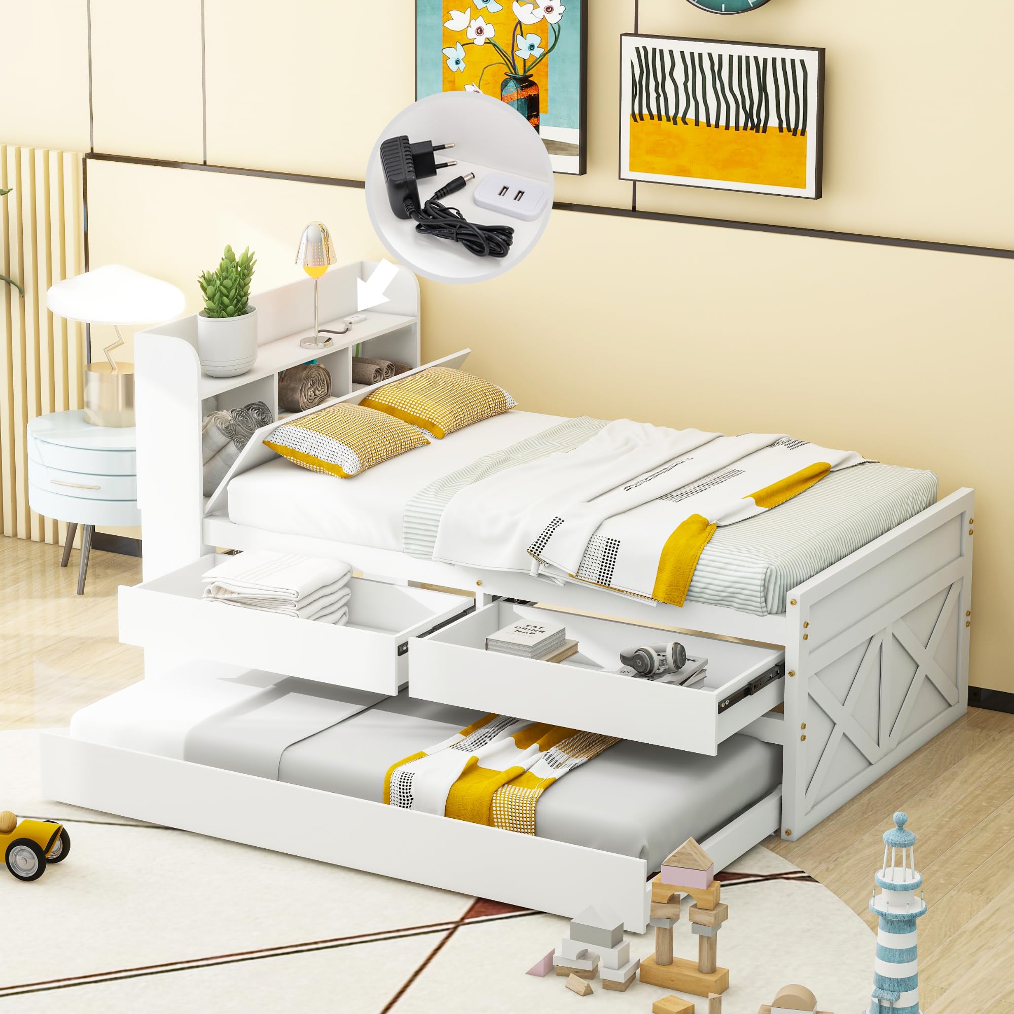 Einzelbett 90x190 mit USB & Schublade, Massivholz-Bett mit ausziehbarer Bett & Nachttisch, Bettgestell mit Lattenrost für Kinder Jugendliche Gäste, Weiß