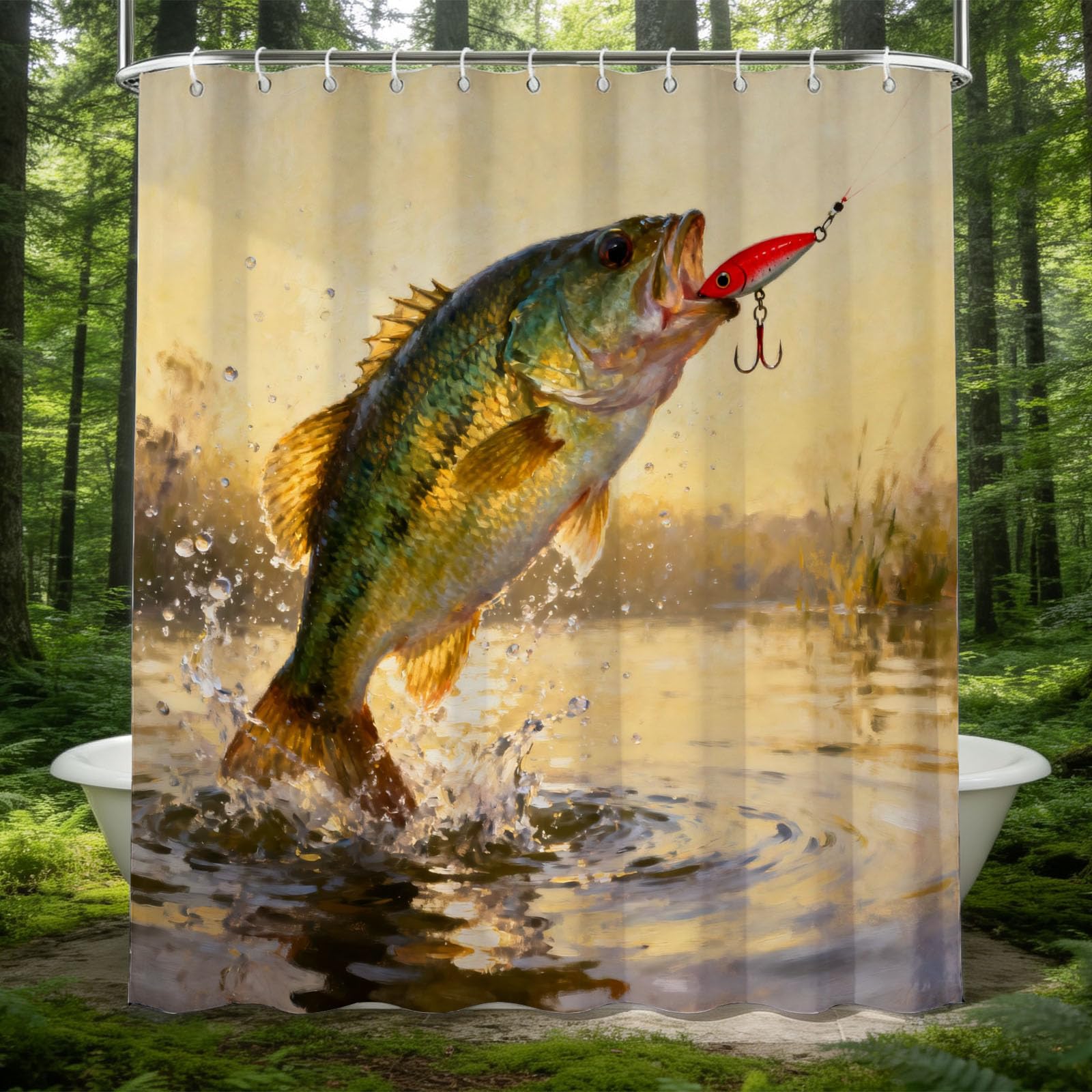 Hongduo 3D Fishing Shower Curtain for Stalls Bathtubs Rustic Bathroom Decor Shower Curtain Set Polyester Fabric Waterproof 180x180cm/71X71 Inch with Hooks