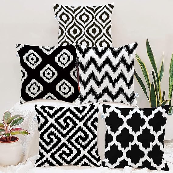 STITCHNEST Black Geometrical Ikat Ethnic Printed Canvas Cotton Cushion Covers, Black Set of 5 (16 x 16 Inches )