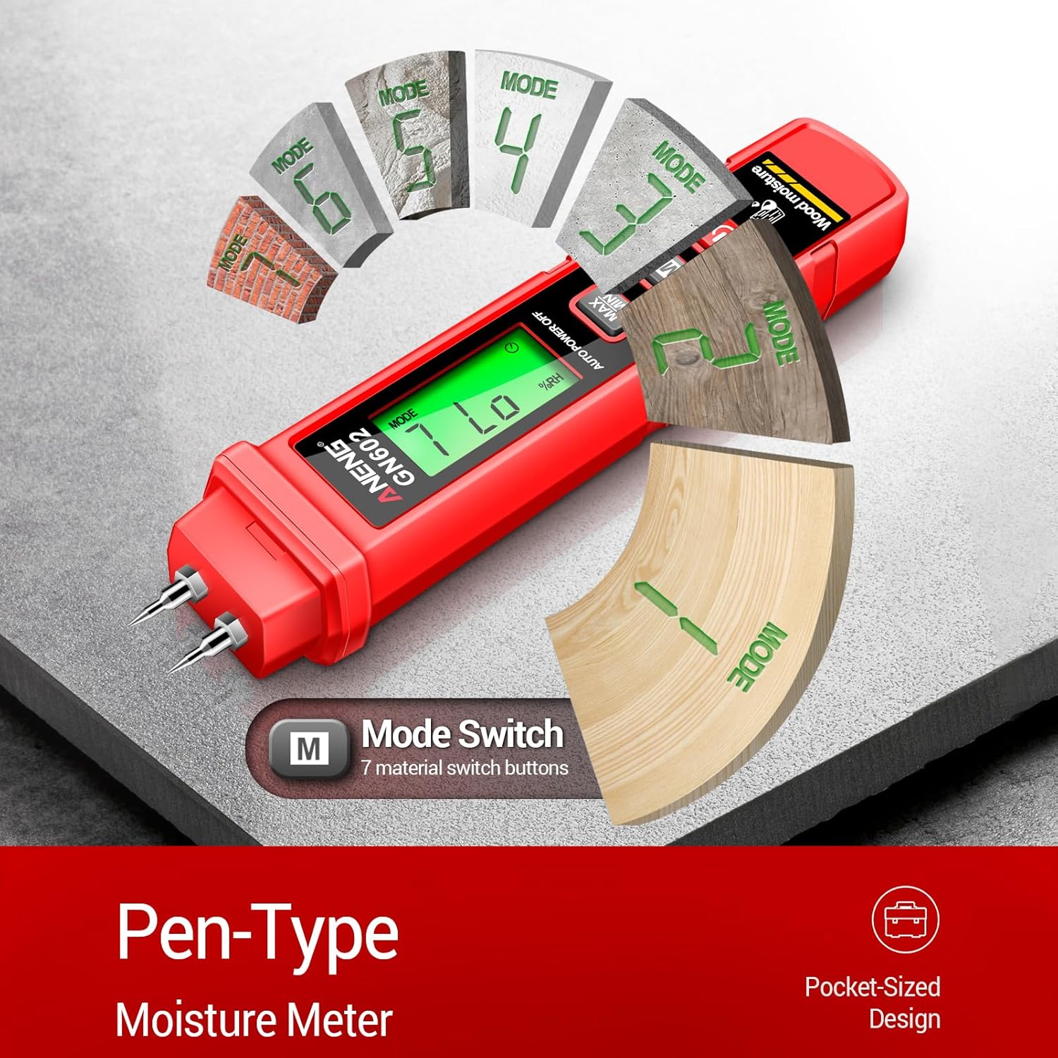 ANENG GN602 Moisture Meter showing different material modes