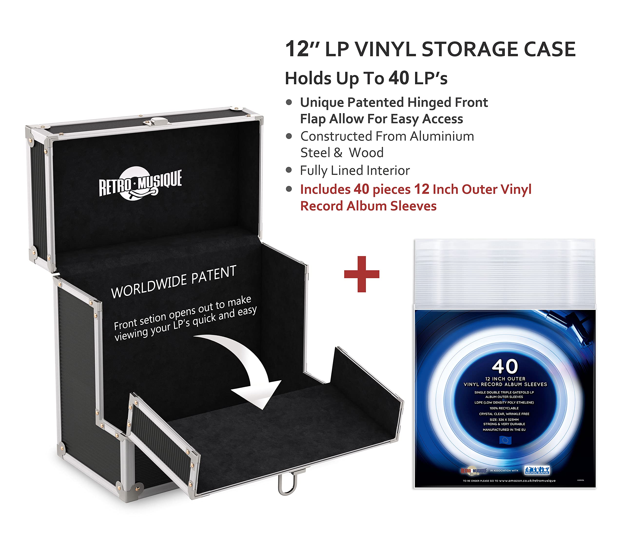 12" vinile Record Custodia di Immagazzinaggio con Unique Pieghevole Anteriore Flap, Contiene fino a 40 LP Include 40 vinile Record Maniche Esterne (Noir)