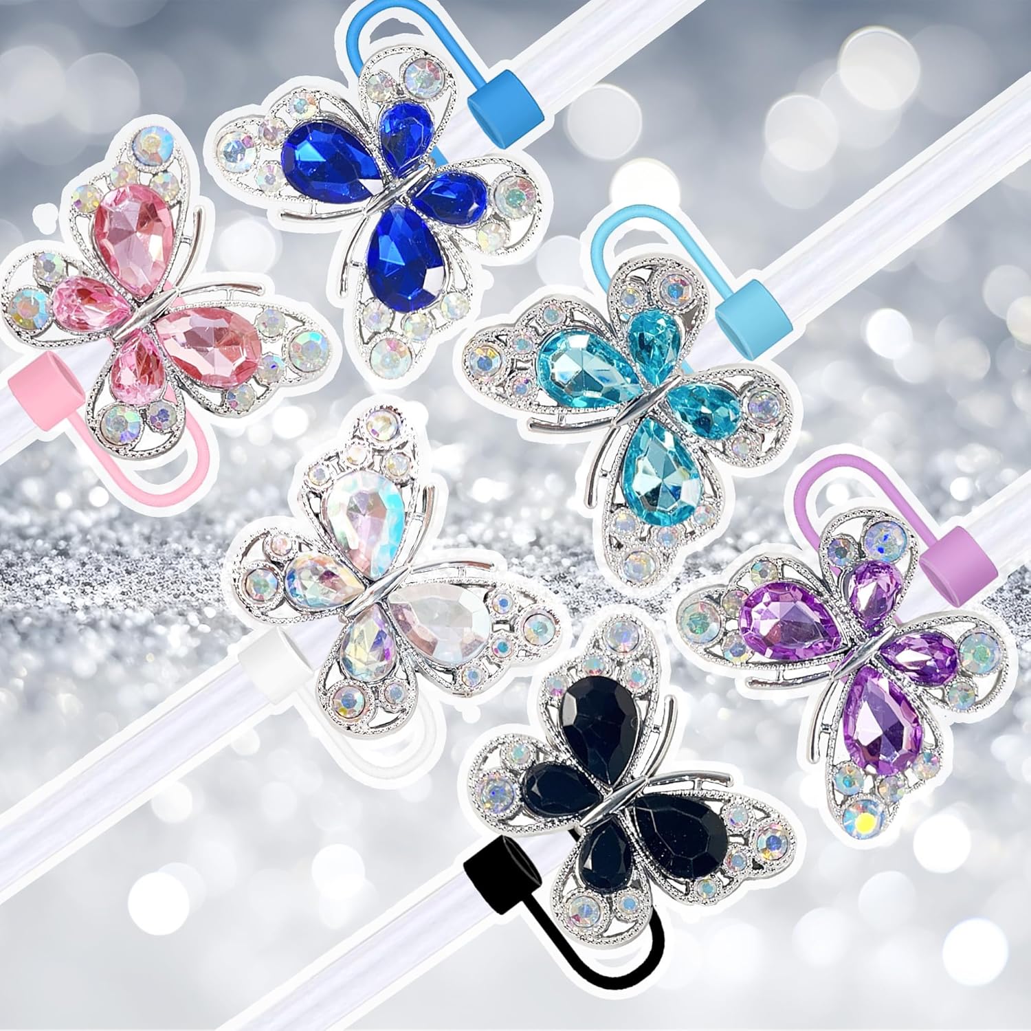 6Pcs Shiny Straw Toppers, Colorful Diamond Butterfly Straw Covers Cap Compatible with Stanley Cups 30&40 Oz Tumbler with Handle, 10mm/4inches Reusable Silicone Bling Stanley Cup Accessories - Image 2