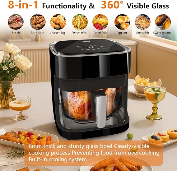 Glass Air Fryer 4.5 Qt, Non-Toxic Borosilicate Glass Basket with 360 View, Upgraded Food-Grade Stainless Steel Tray, 8-in-1 One-Touch Presets, Teflon-Free & Dishwasher Safe, Black