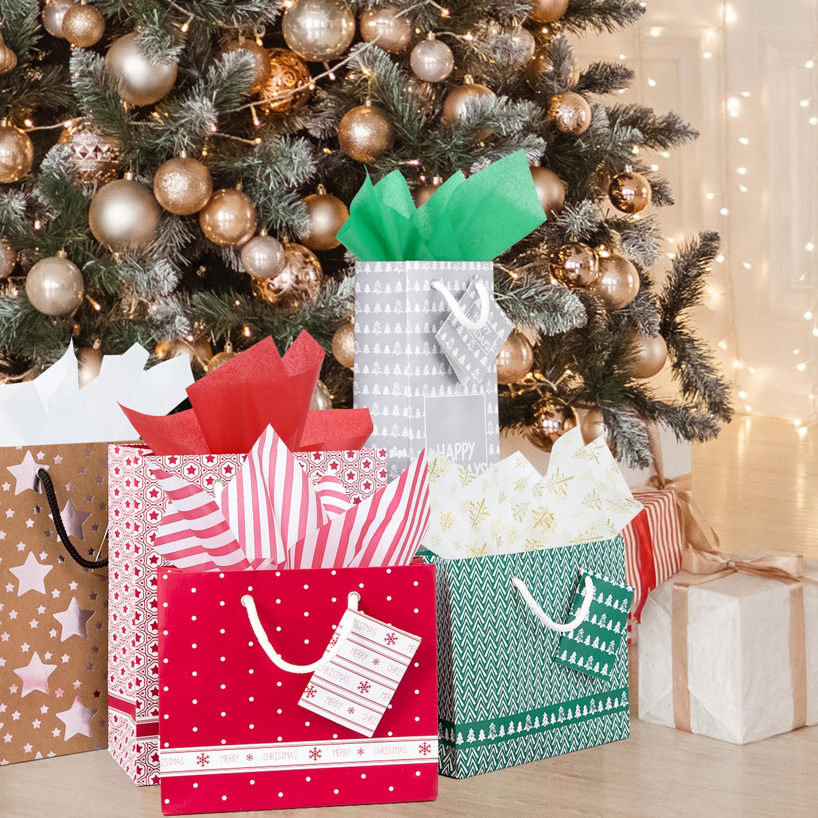 LOADSFUN Lot de 120 feuilles de papier de soie de Noël pour emballage de sacs cadeaux, papier cadeau de Noël rouge, vert, blanc, doré, arbre de Noël assorti