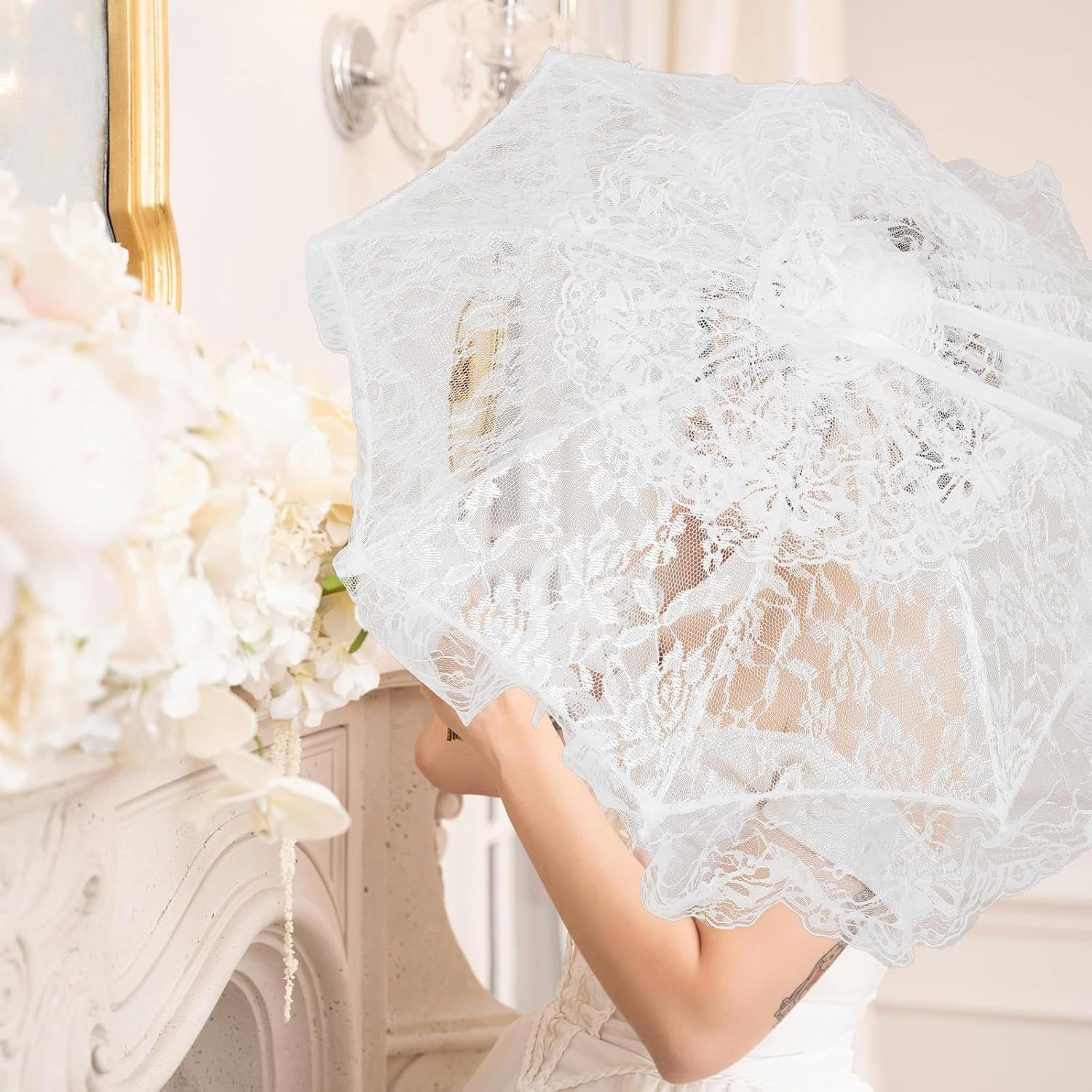 Vintage Bridal Lace Parasol Umbrella for Wedding Photography Bride White