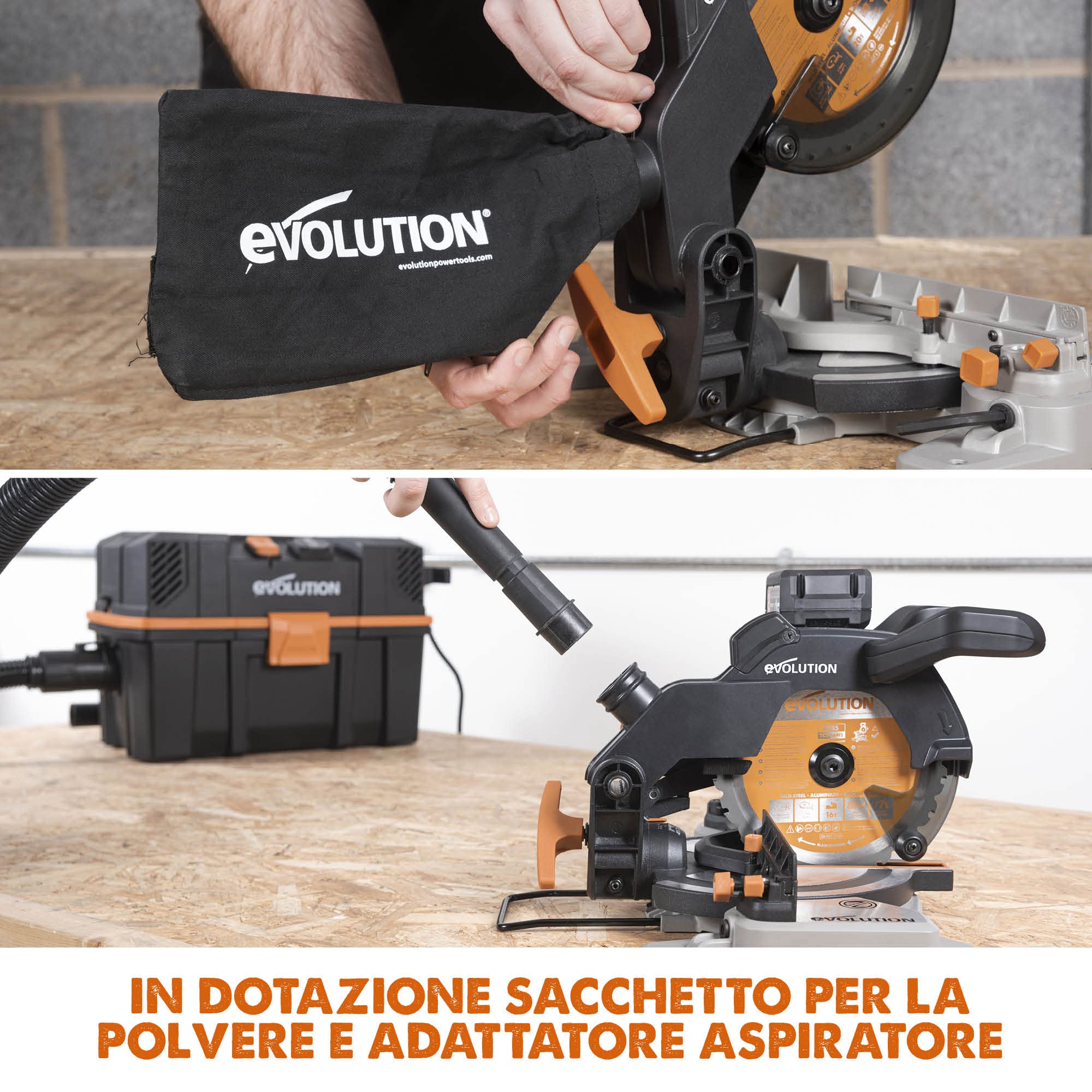 Evolution Troncatrice composta a batteria R185CMS-Li da 185 mm 18 V Li-Ion EXT Inc Lama multimateriale