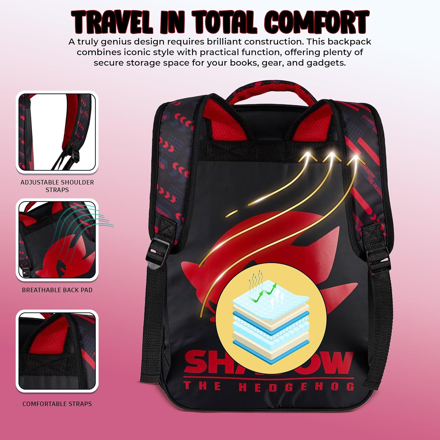 AI ACCESSORY INNOVATIONS Sonic The Hedgehog Backpack for Boys & Girls, Shadow 16 Inch Schoolbag with Reflective Ink, Black