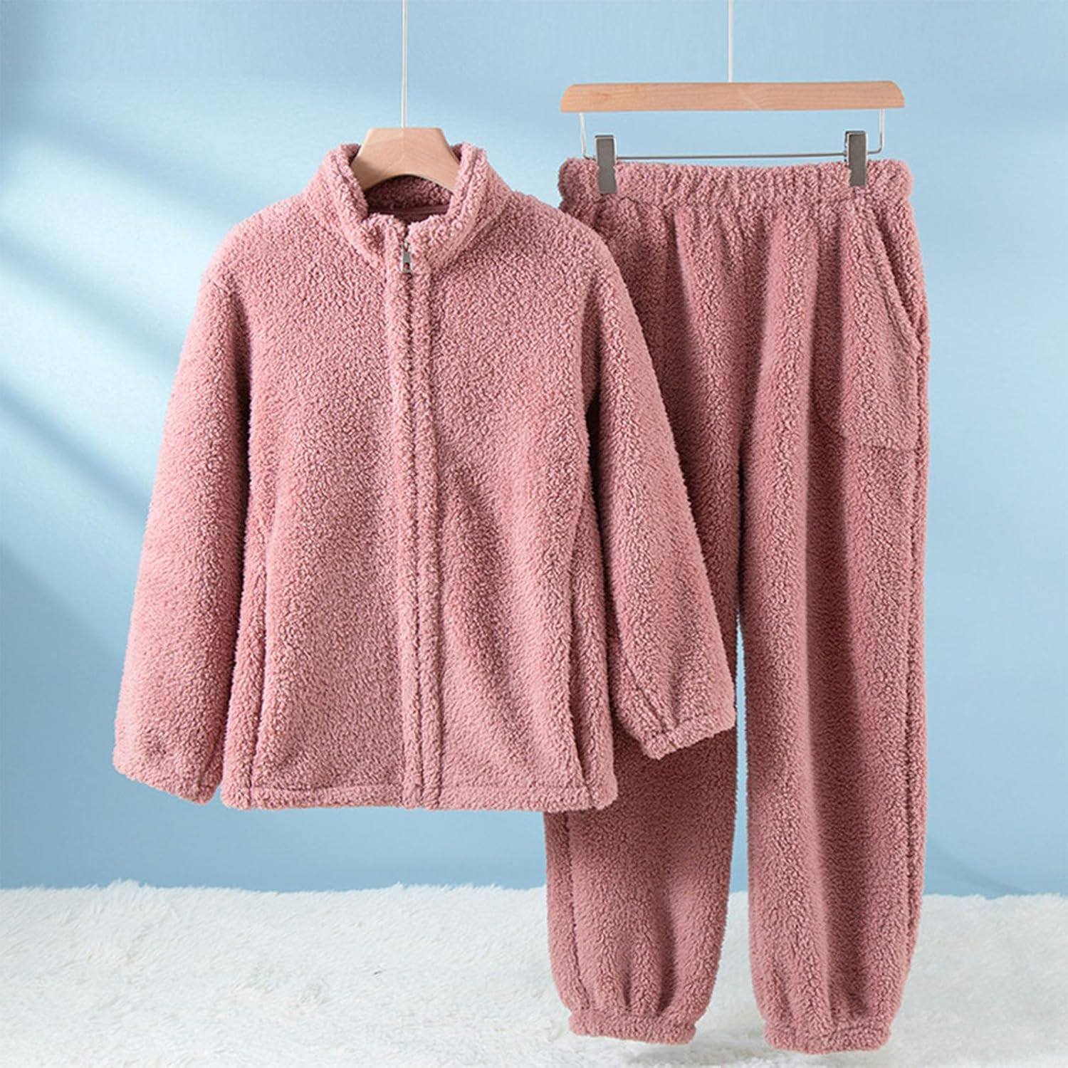 Oplxuo Fluffy Pajamas for Women Full Zip Up Pjs with Pants Winter Fuzzy Pajama Set Fleece Soft Cozy Warm Ladies Loungewear