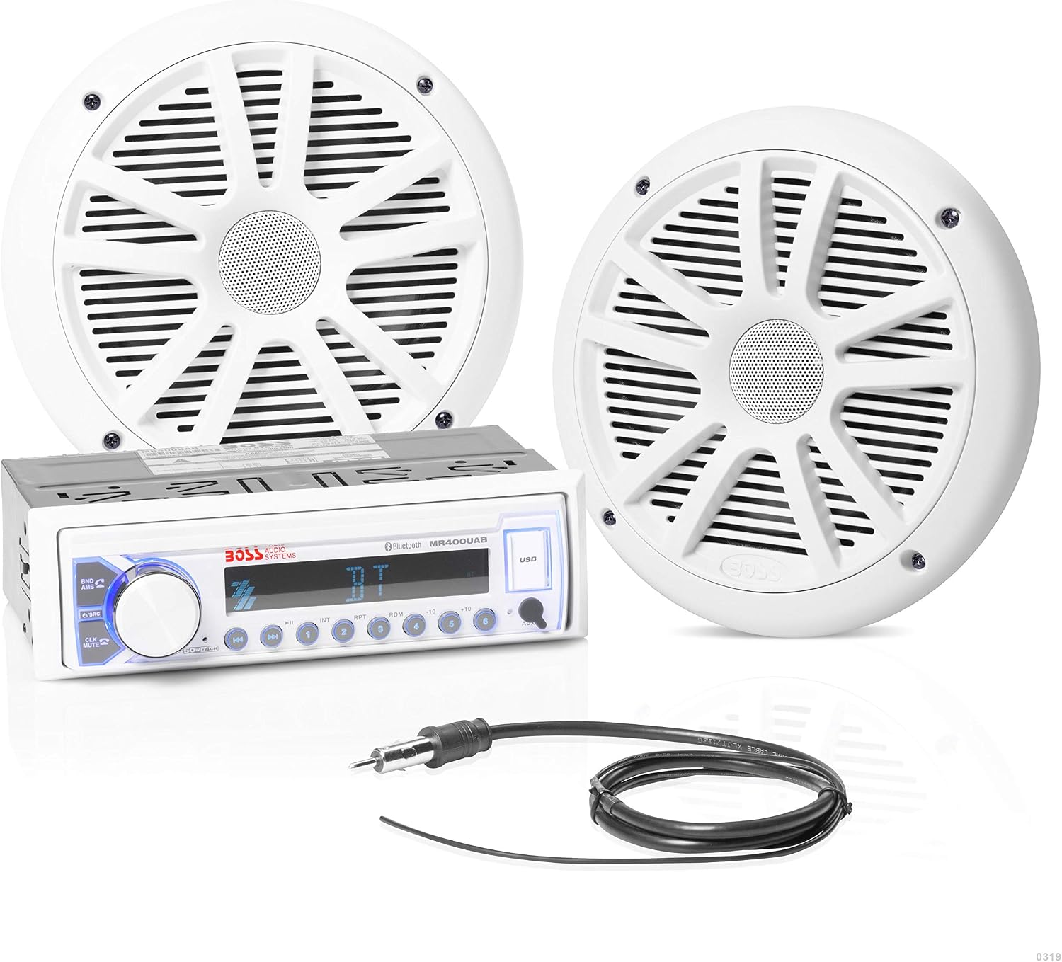 BOSS Audio Systems MCK400WB.6 Weatherproof Marine Receiver and Speaker Package - MR400UAB Receiver, USB/MP3, AM/FM Radio, No CD Player, Bluetooth Audio, MR6W 6.5” Speakers