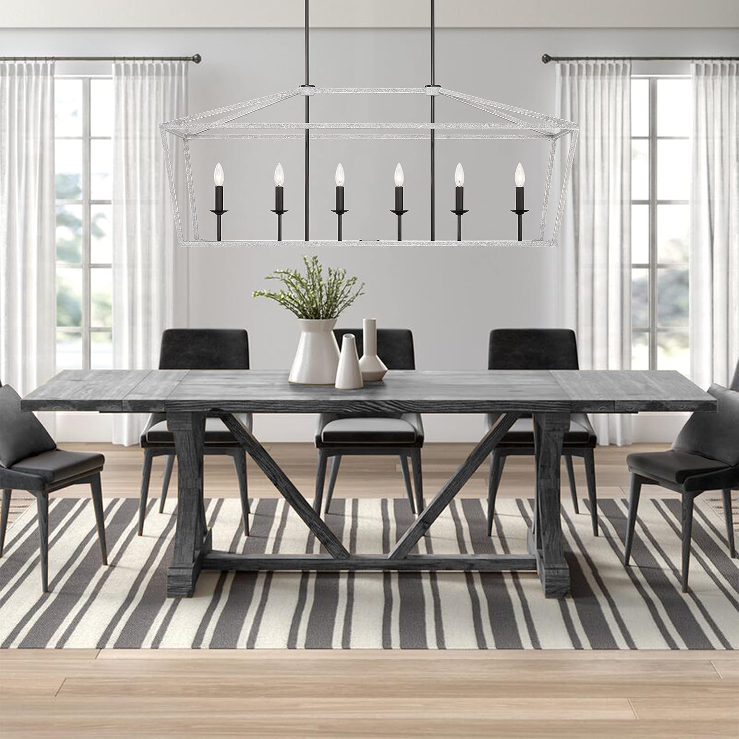 Vanity Art 6 Lights Kitchen Island Linear Pendant Chandelier | Modern Hanging Lighting Farmhouse Light Fixtures for Over Dining Table Kitchen Living Room (Crackle White+Classic Black) 12036-CW-BK
