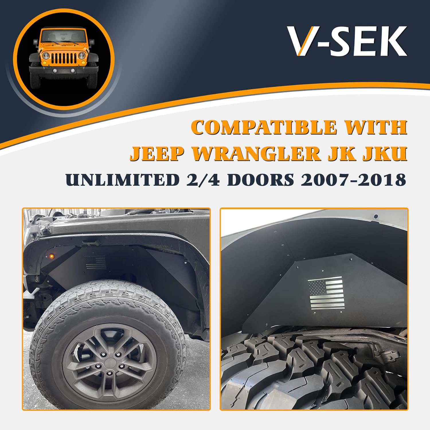 Front & Rear Inner Fender Liner Wheel Well Set Aluminum Mud Guards Fashion Pattern Compatible with Jeep Wrangler JK JKU Unlimited 2007-2018 Black
