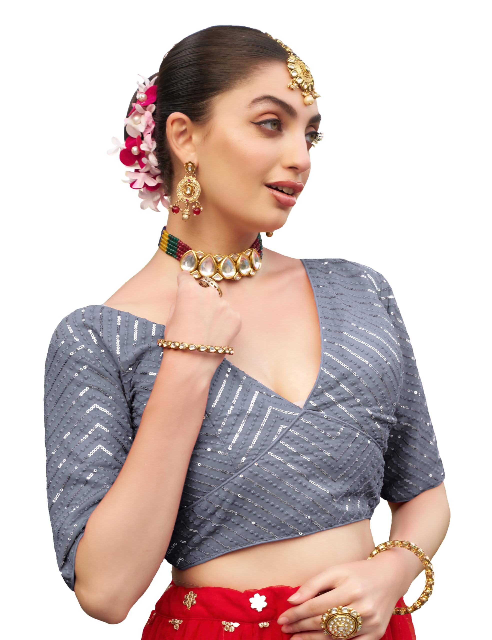 Pujia Mills Womens Fancy Readymade Ethnic wear Half Sleeve Sequins Saree Blouse sabyasachi Blouse for Women Saree and Lehenga Choli Bridal Blouse