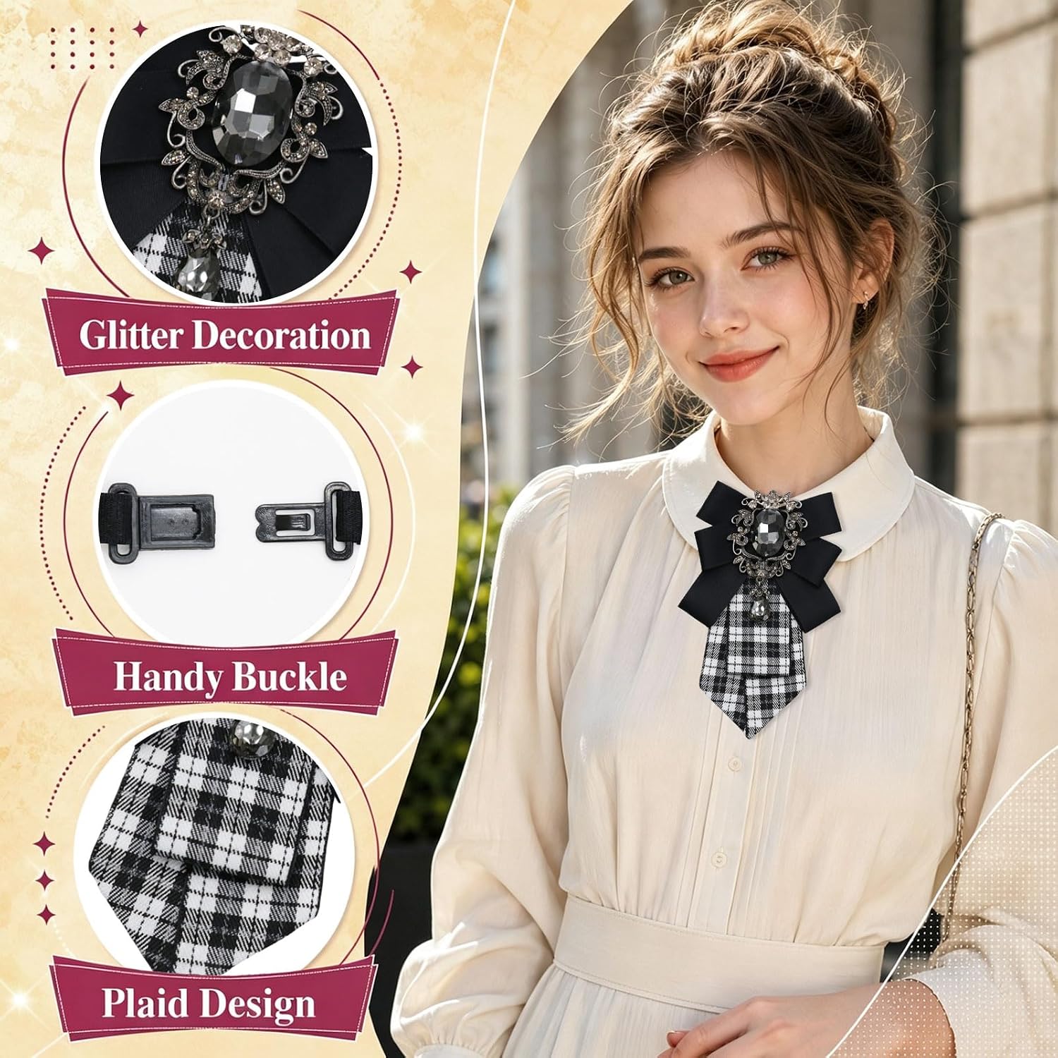 Bow Ties for Women, Rhinestone Womens Bow Tie Plaid Girls Bowties for Prom Party School Work Cosplay