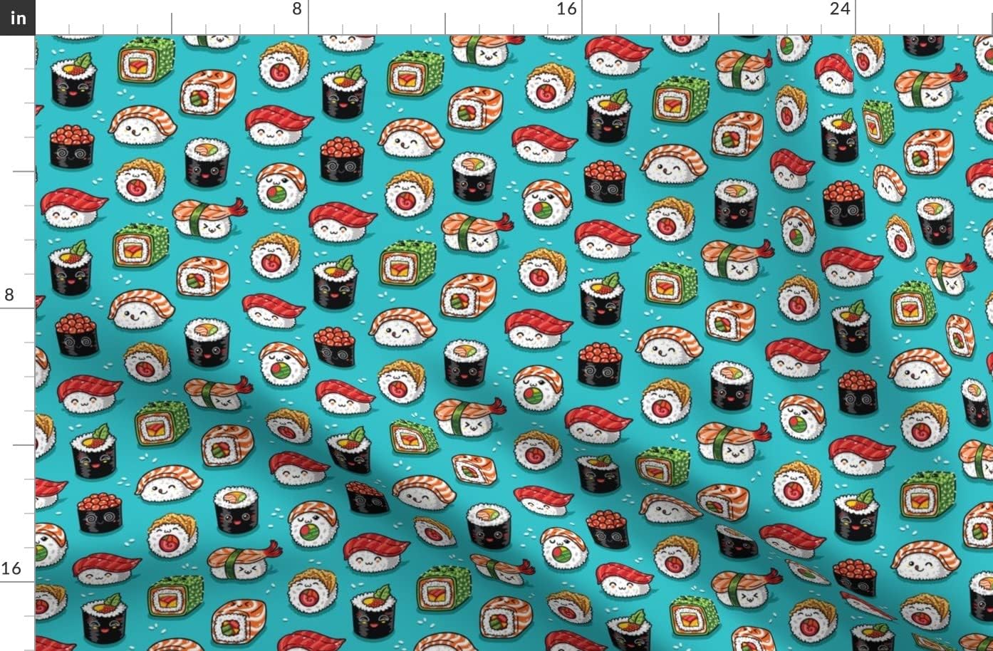 Spoonflower Fabric - Kawaii, Cute, Sushi, Food Print, Japanese, Aqua Blue, Fish, Cartoon Printed on Organic Cotton Sateen Fabric by The Yard - Sewing Quilting Apparel Home Decor