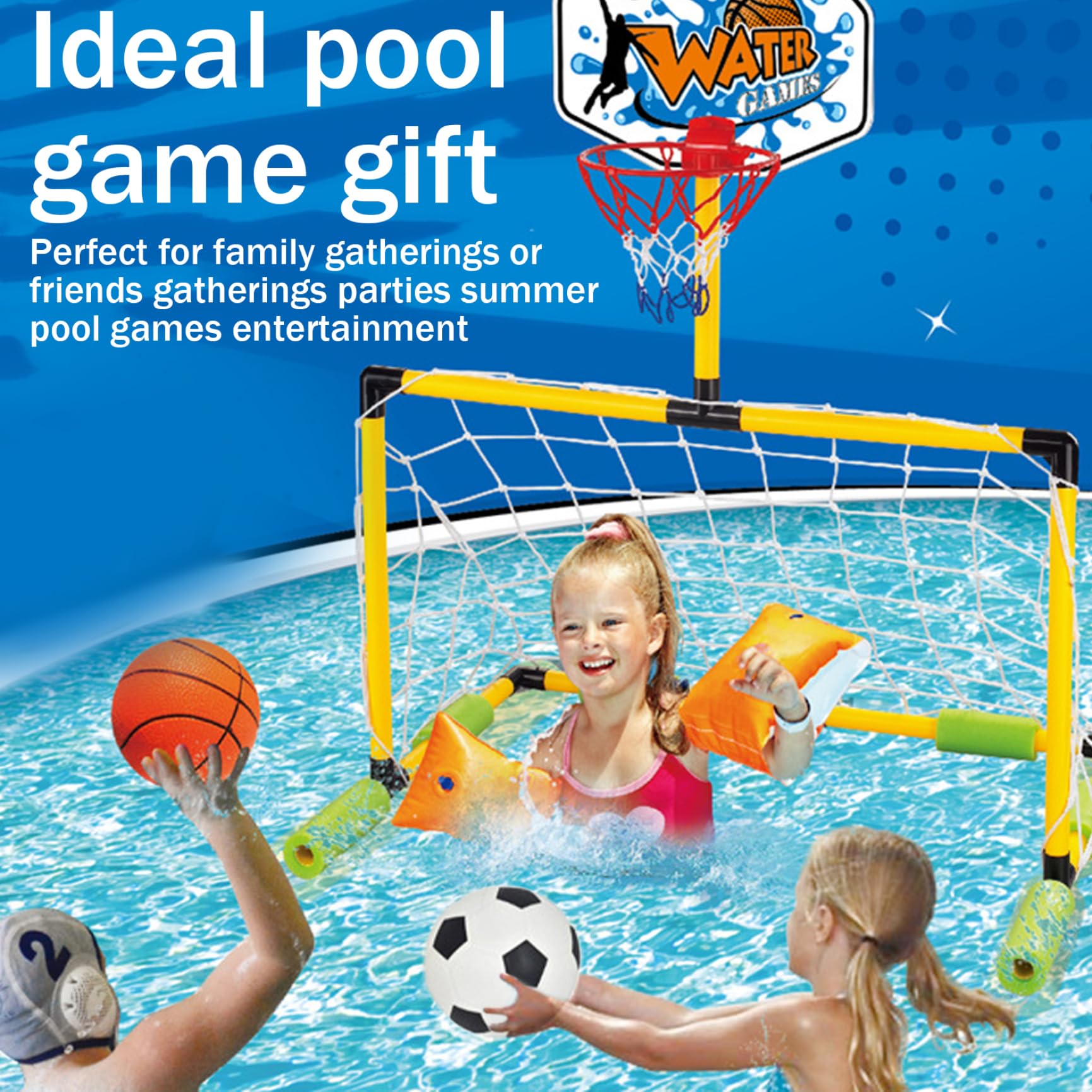 Cerceau de Basket-Ball Flottant pour Piscine, But de Football 2 en 1 et Panier Basket-Ball Piscine détachable avec 2 balles pour Enfants et Adultes