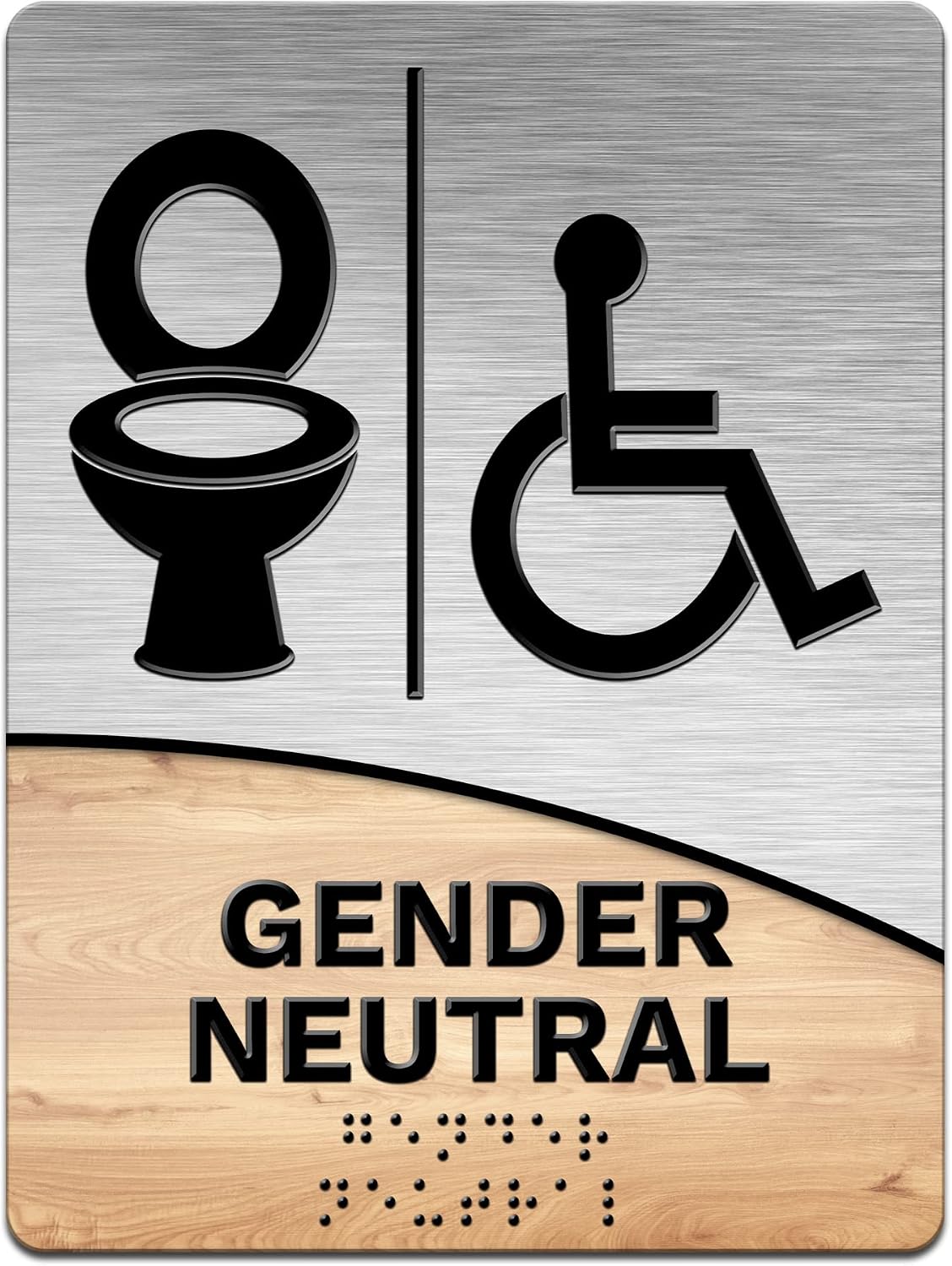 Modern Office Business Restroom Sign - Gender Neutral - 6"x8" Brushed Steel + Wood Look - ADA Compliant