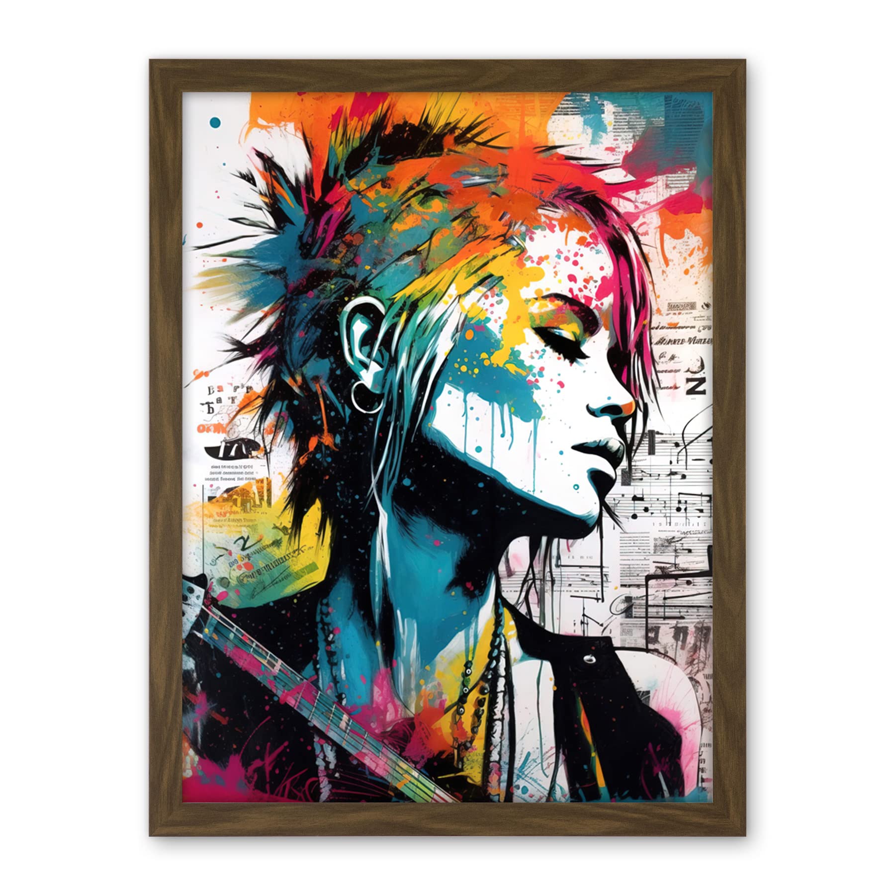 Artery8 Emo Woman Electric Guitar Sheet Music Upcycle Art Splatter Paint Modern Painting Artwork Framed Wall Art Print 18X24 Inch