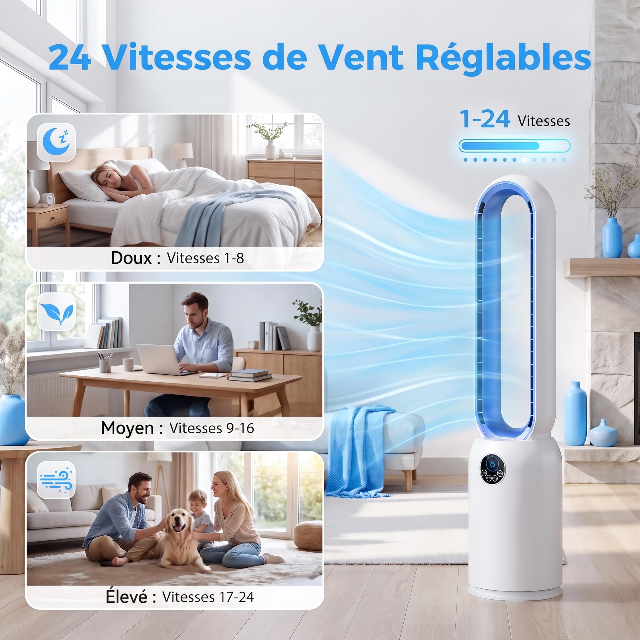 Ventilateur Sans Pale Silencieux, 24 Vitesses Ventilateur Colonne avec Purification par Ions Négatifs, Ventilateur sur Pied Oscillation à 90°, Écran LCD, Minuterie 12H, Pour Chambre à Coucher