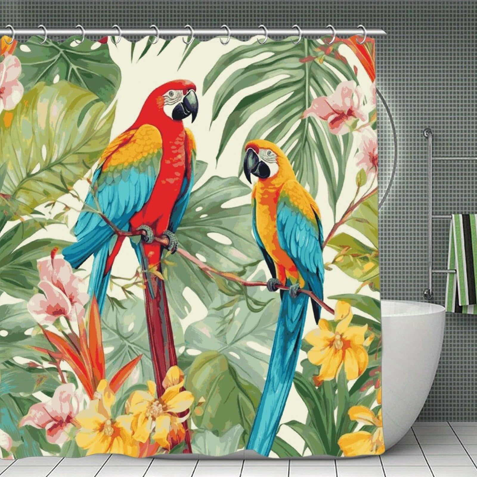 VstaDank Tropical Plants and Parrots Shower Curtain 71x71 Heavy Duty Polyester Cloth Bath Curtain with Hooks Thick Waterproof Shower Liner Fun Magic Decorative Bathroom Curtains for Bathtub