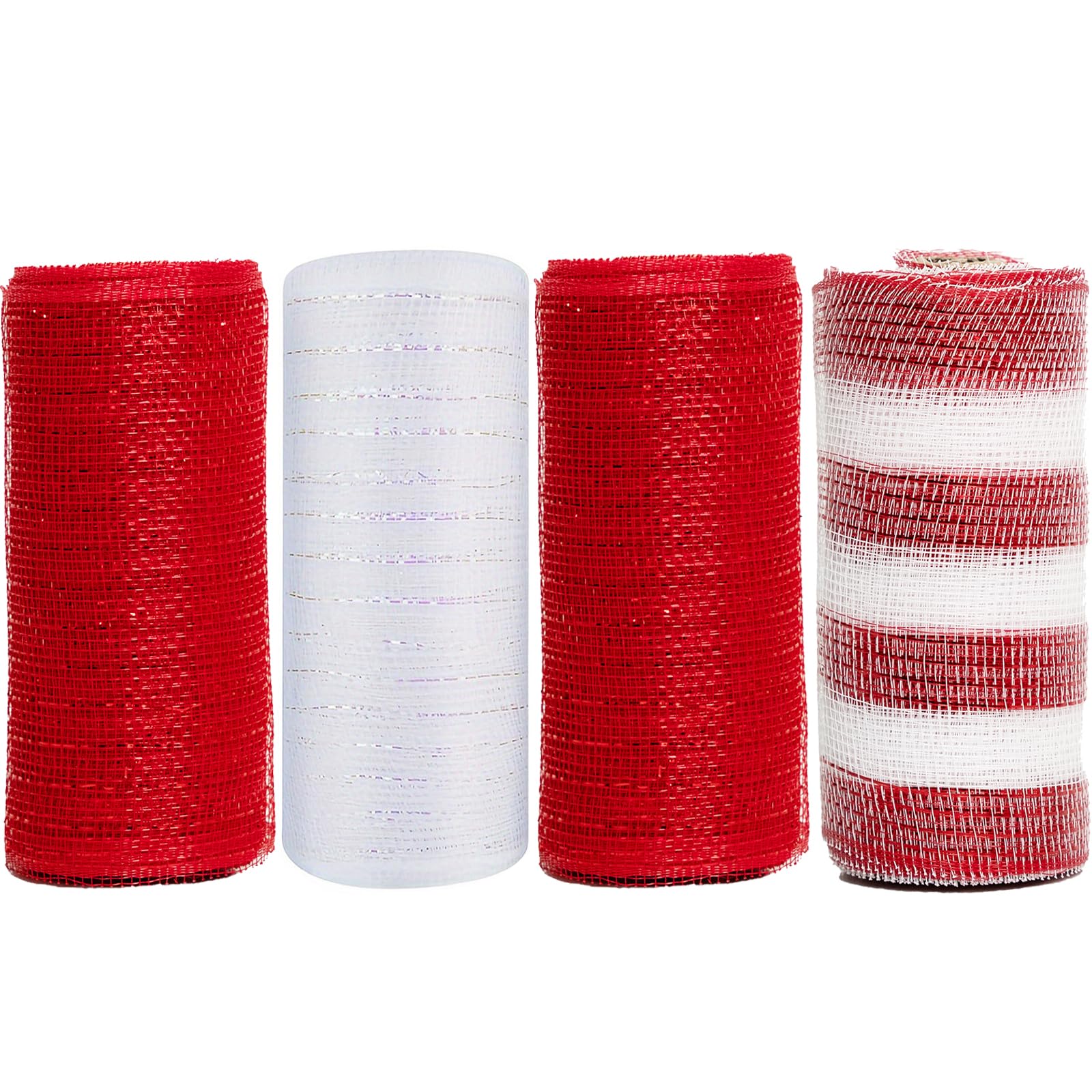 JStnana Red White Deco mesh 6 inch, 4 Rolls Christmas Tree Mesh Ribbon 30 Feet Each Roll Metallic Foil Decorative Mesh Rolls Fabric DIY Craft Wreath Making Supplies for Wreath Swags