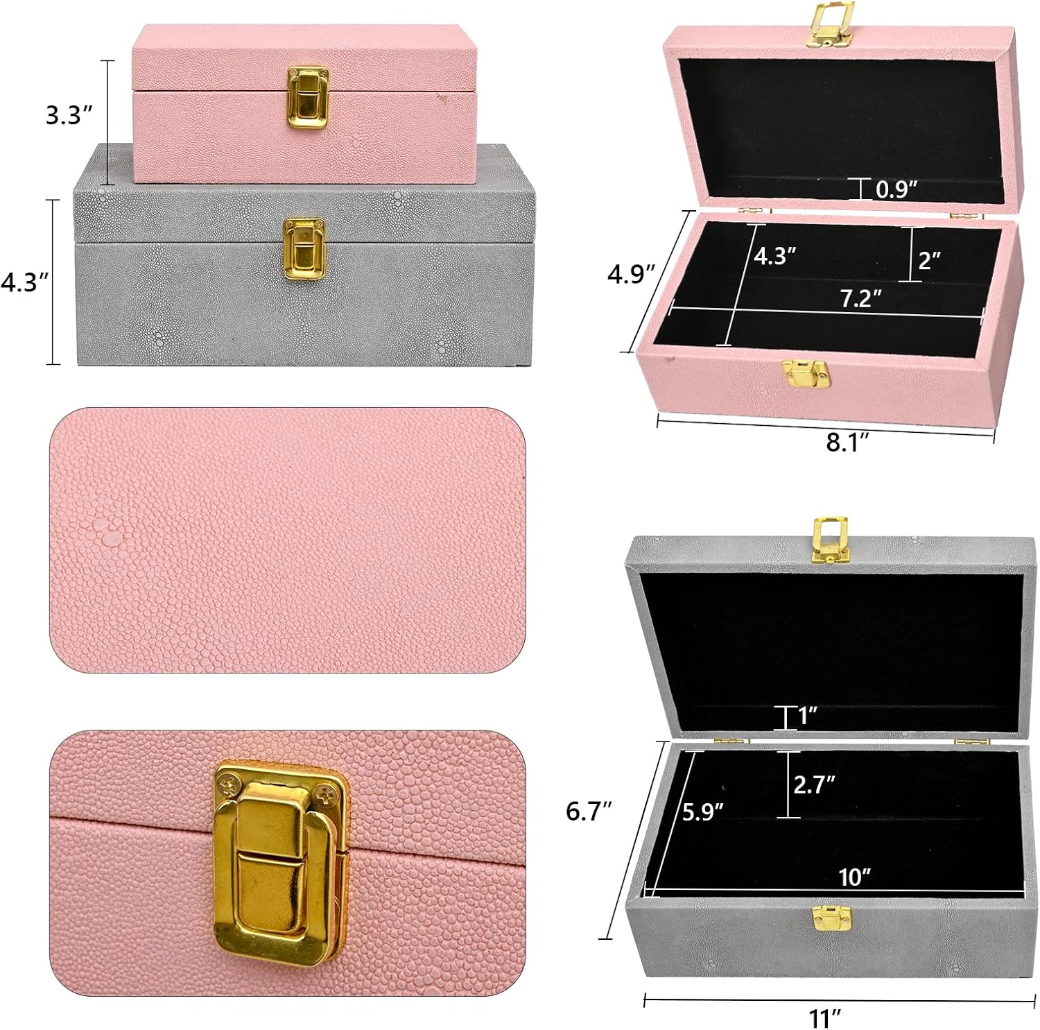 Faux Shagreen Decorative Box Set (Pink & Gray) – Vegan Leather Stacking Organizers with Polished Gold Clasp – Luxury Coffee Table Decor for Remotes, Jewelry & Vanity Storage