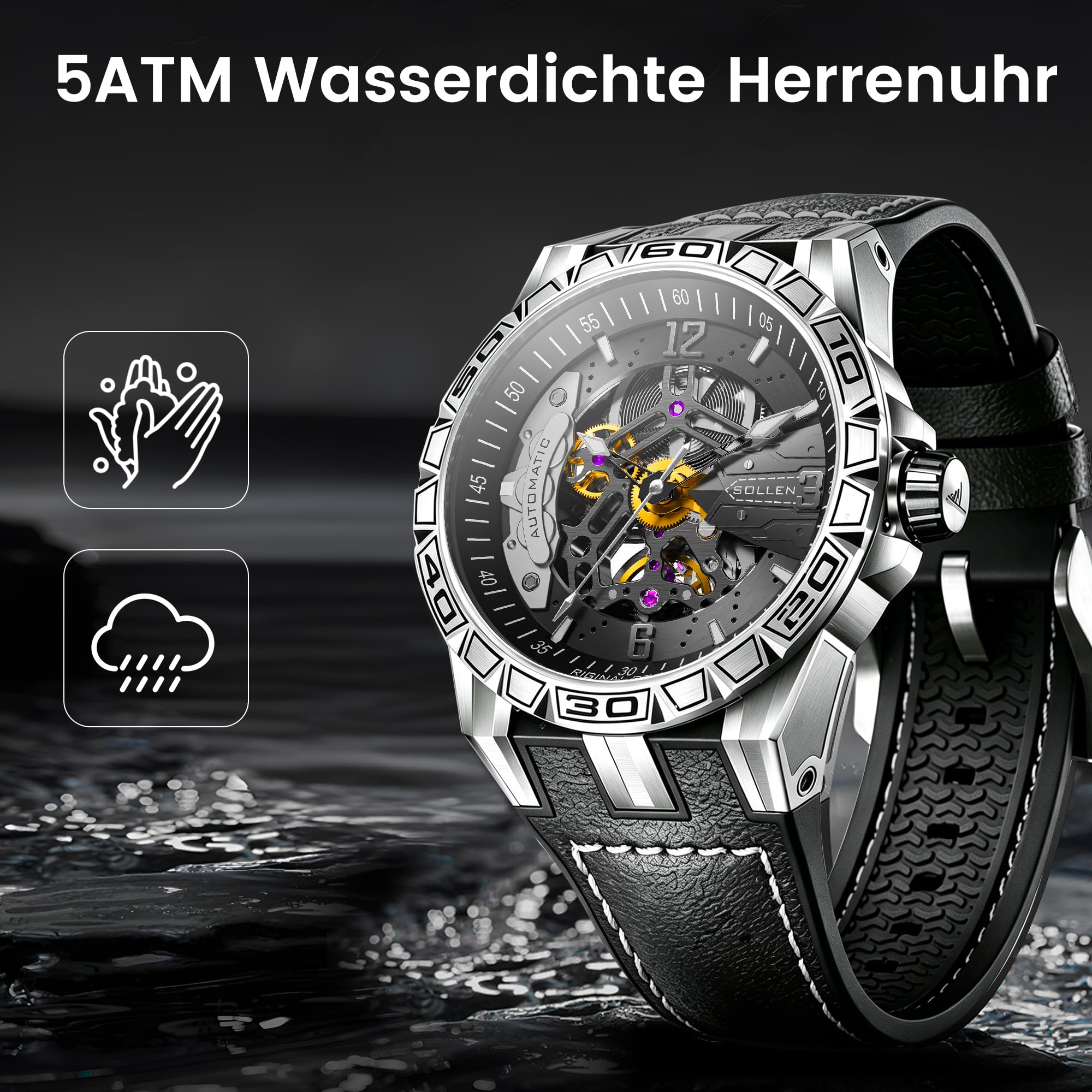 SOLLEN Skelett Uhren Herren Automatik,Mechanische Armbanduhren Herren,Klassische Minimalistische Herrenuhren Luxus,5ATM Wasserdicht Leuchtend Selbstaufzug Automatische Uhr als Geschenk für Männer