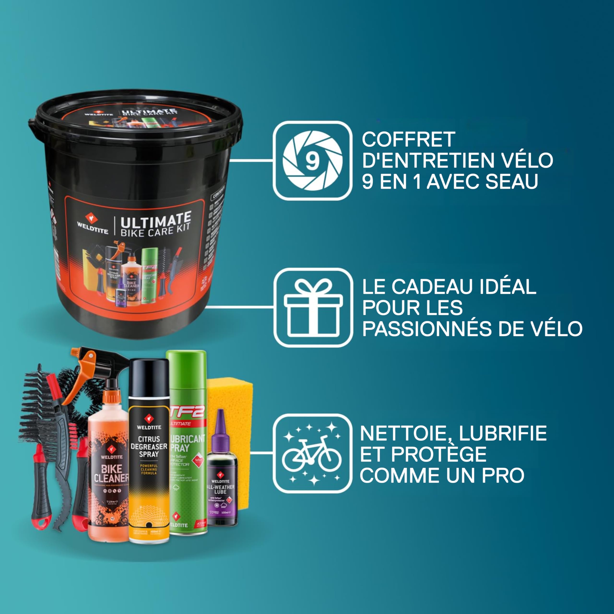 WELDTITE Kit d'entretien vélo 9-en-1 avec seau de 12 L