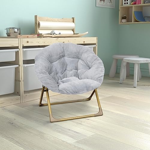 Miniatura 2 de Flash Furniture Gwen - Mini silla plegable para niños, silla lunar de piel sintética gris, marco de metal dorado suave, silla plegable portátil de