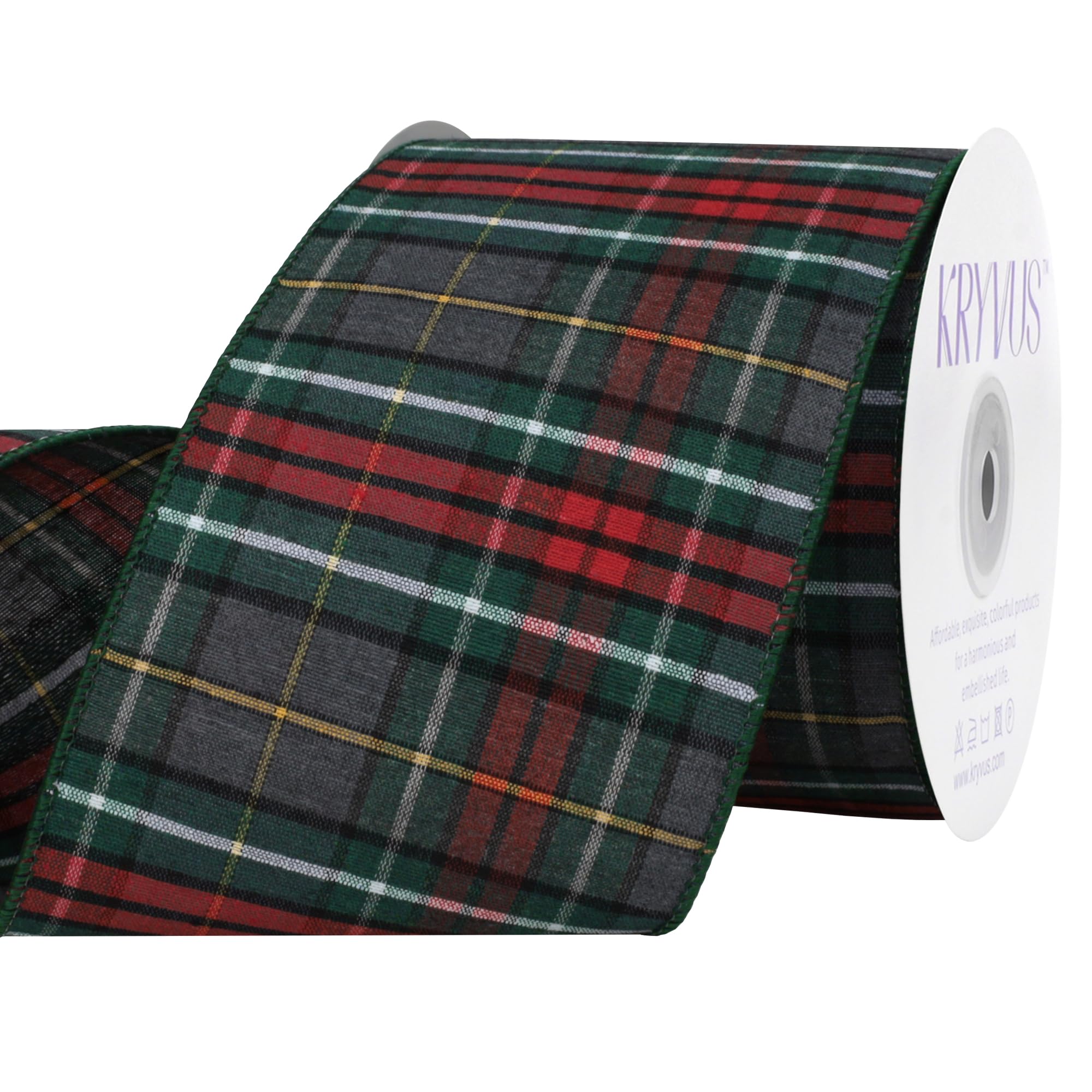 Kryvus Tartan Plaid Christmas Wired Ribbon 100mm x 9M (Red/Green/Gray)