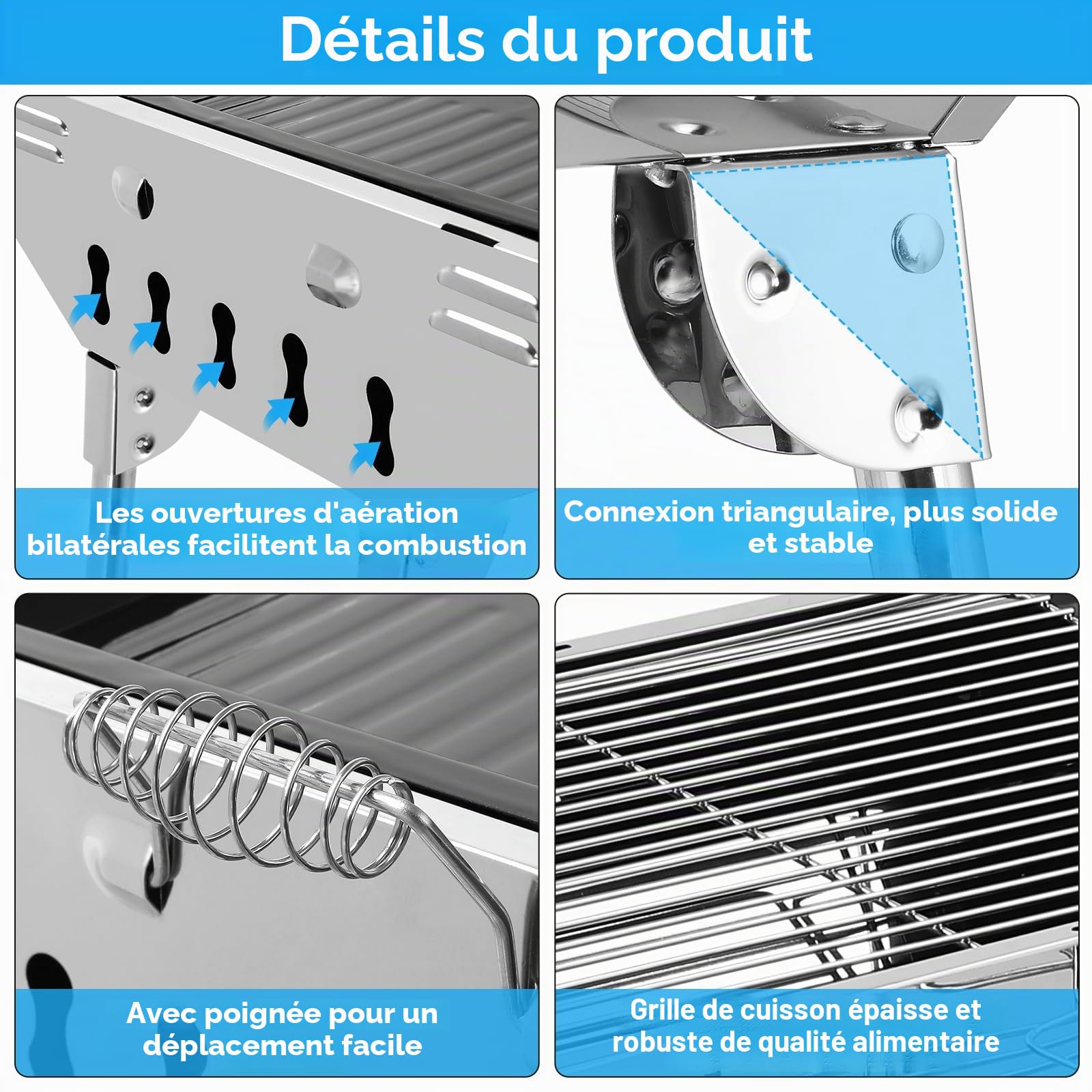 Barbecue à Charbon Pliant Portable, Grill Charbon de Bois XXL, BBQ de Table en Acier Inoxydable, avec Poêle à Frire, pour Barbecue de Jardin, Pique Nique et Camping, 5-10 Personnes, 118 x 33 x 72 cm